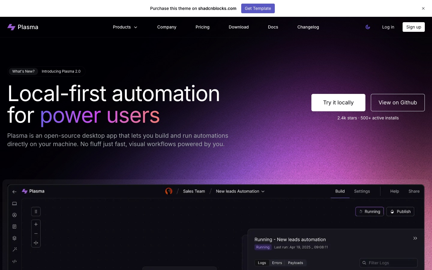shadcnblocks Plasma demo: developer product landing page hero with pricing, docs and changelog in the navigation