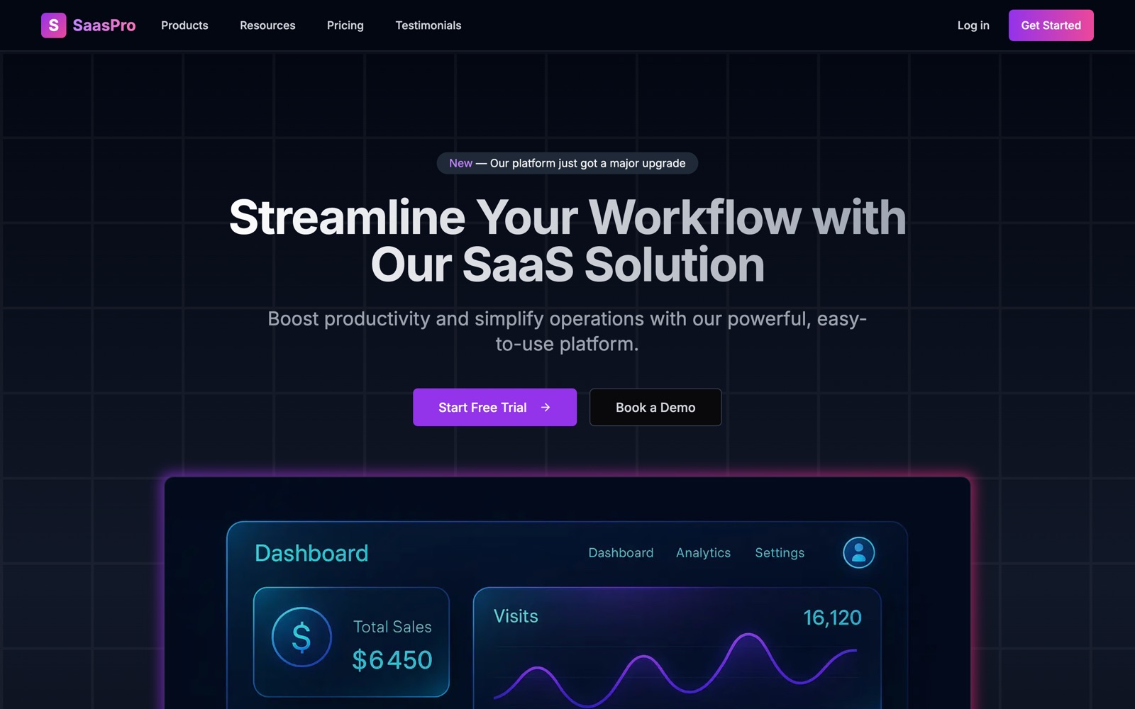 Aniq UI free SaaS Landing Page Template: dark hero with the dashboard it previews