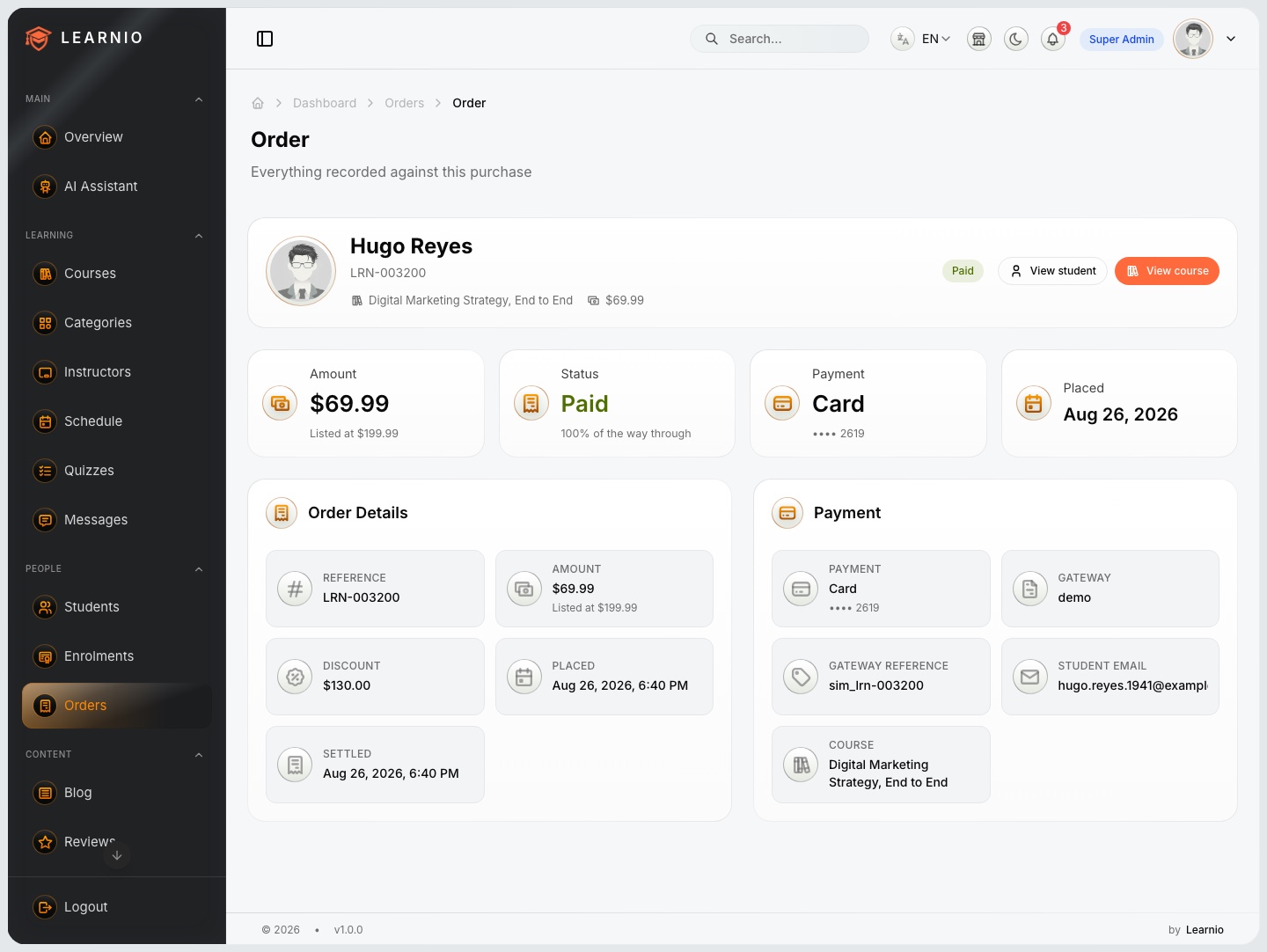 شاشة تفاصيل الطلب في لوحة إدارة Learnio LMS