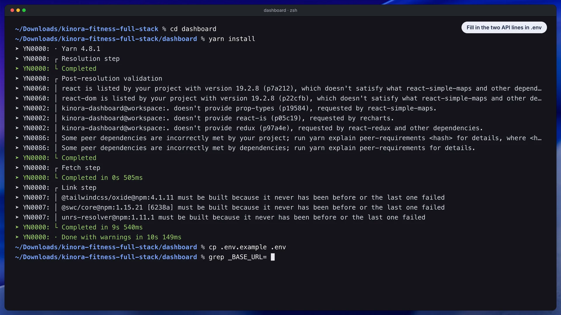 Captura del vídeo de documentación de la plantilla de fitness Kinora: arrancar el dashboard sin Docker