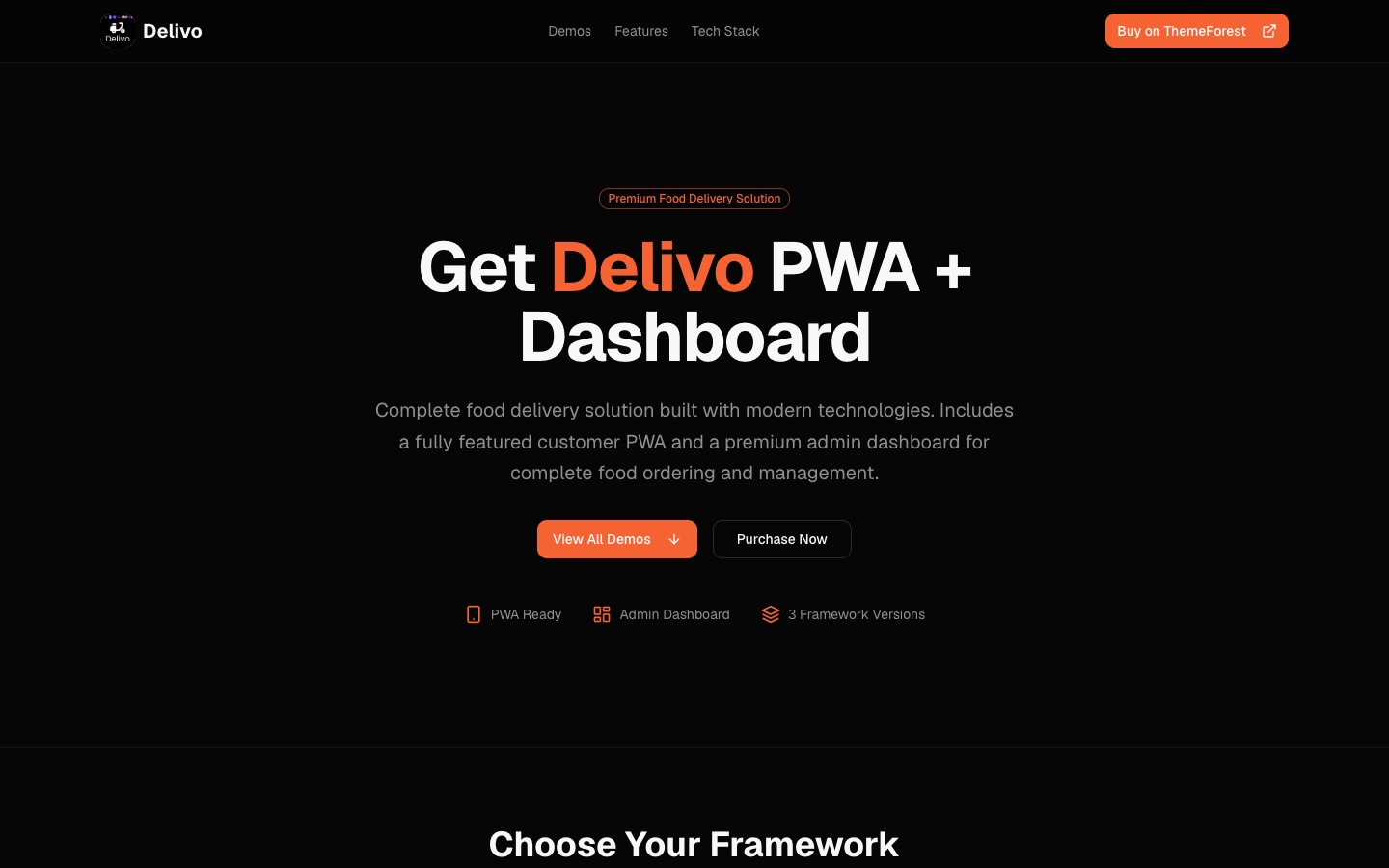 Plantilla de reparto de comida Delivo para Next.js: pantallas de pedido de la PWA para clientes y dashboard de administración
