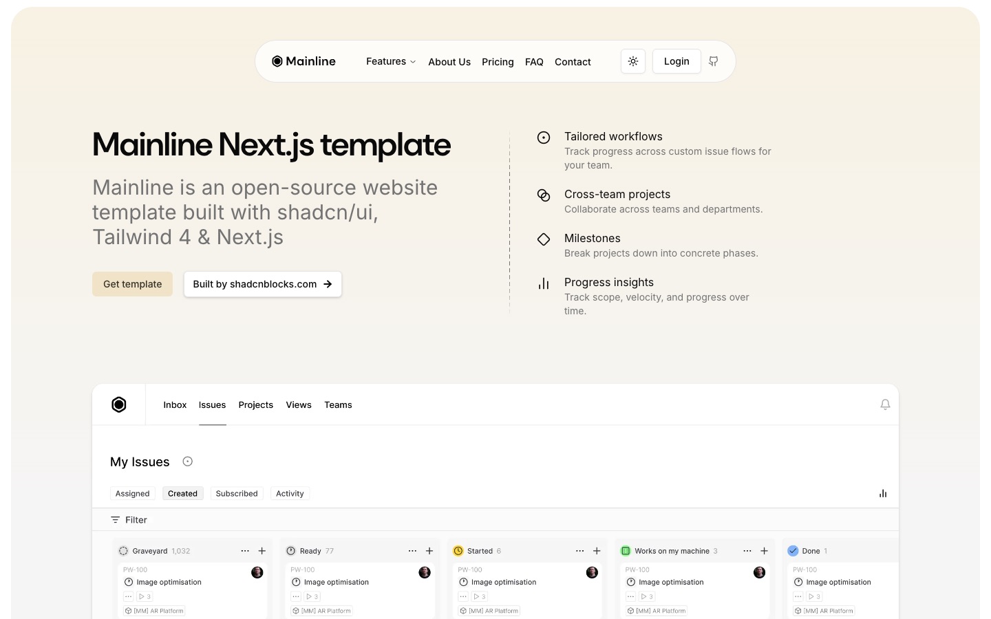 Plantilla gratis de landing page Next.js Mainline de Shadcnblocks: sección hero