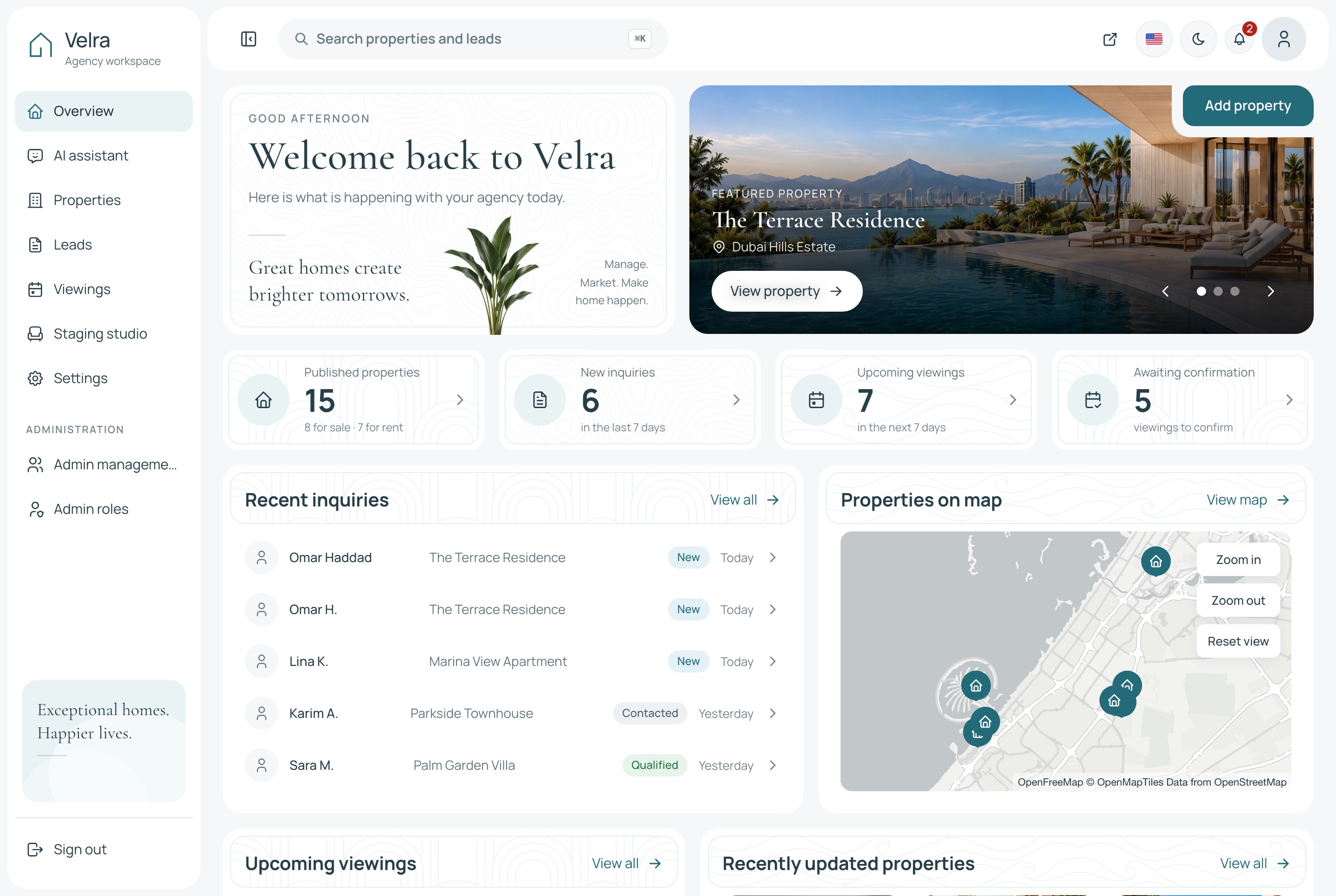 Velra agency dashboard overview with properties, inquiries and viewings