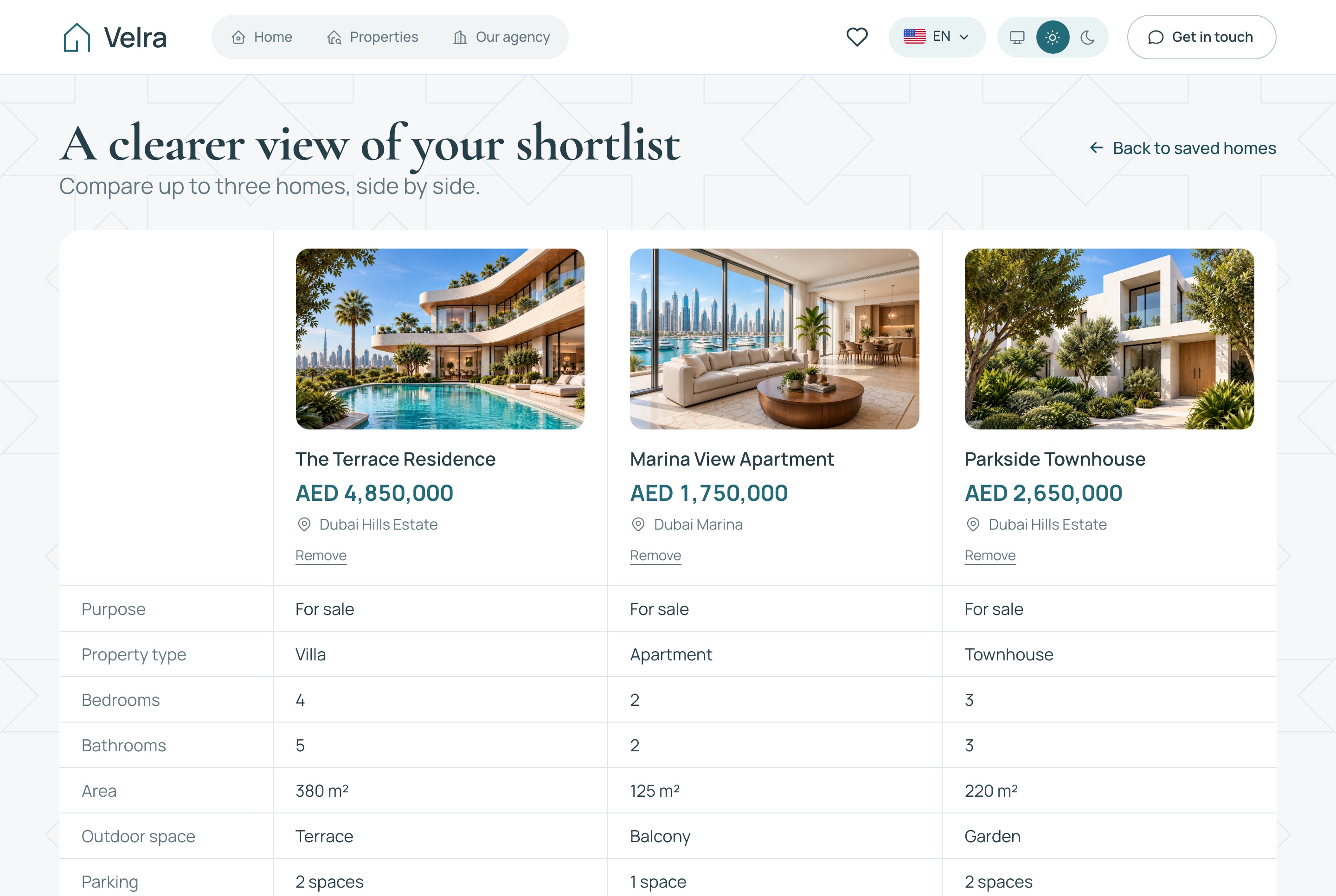 Velra compare page with three homes side by side, light theme