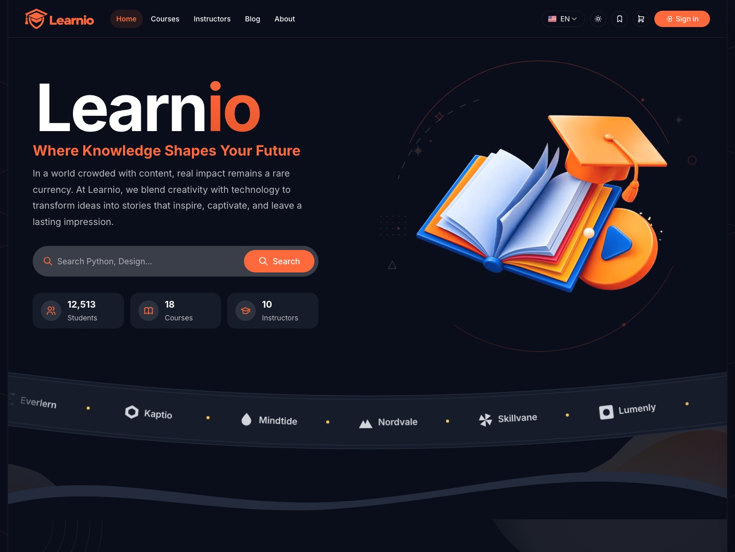 Plantilla LMS Next.js Aniq UI Learnio: inicio del sitio para estudiantes en modo oscuro con buscador de cursos