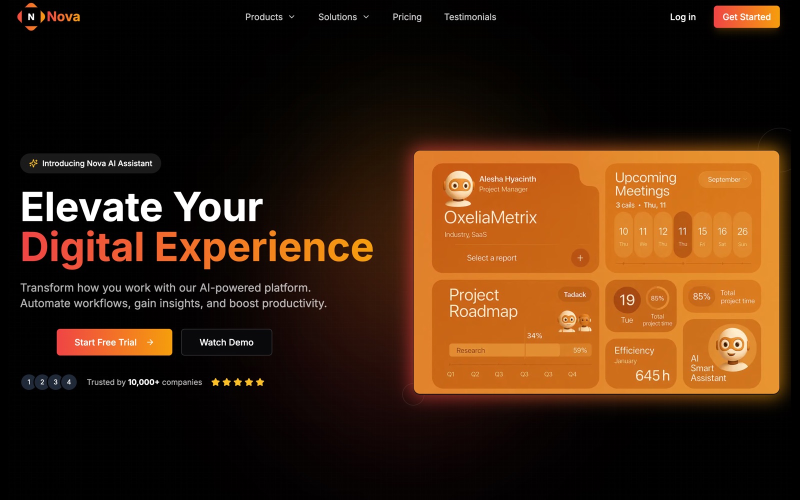 Aniq UI Nova, plantilla gratis de sitio web de empresa: hero oscuro con tarjetas de vista previa del producto y una llamada a la acción