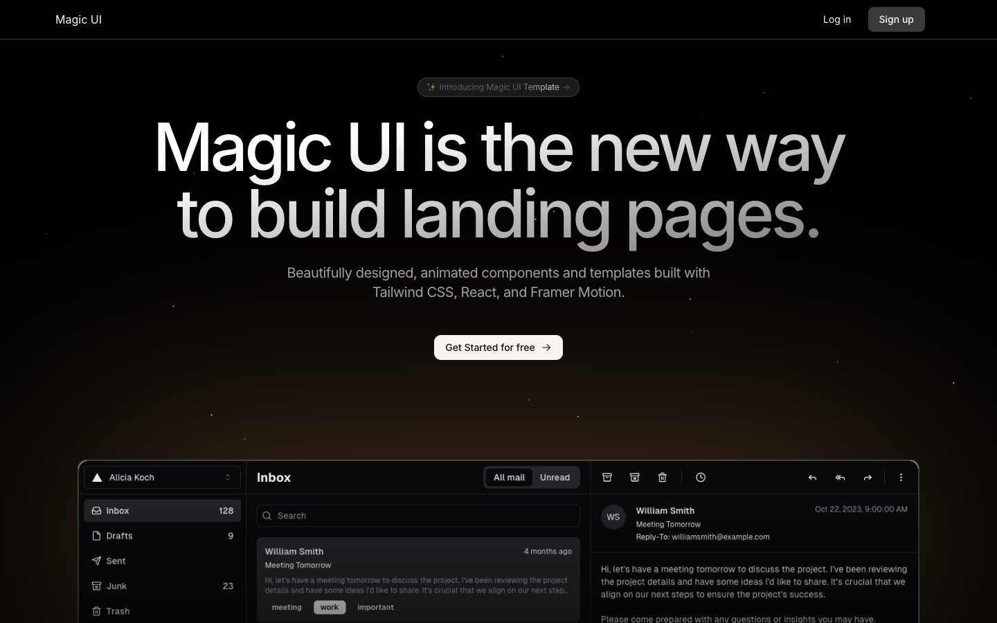 Plantilla Startup de Magic UI: hero de la landing page con titular y llamada a la acción