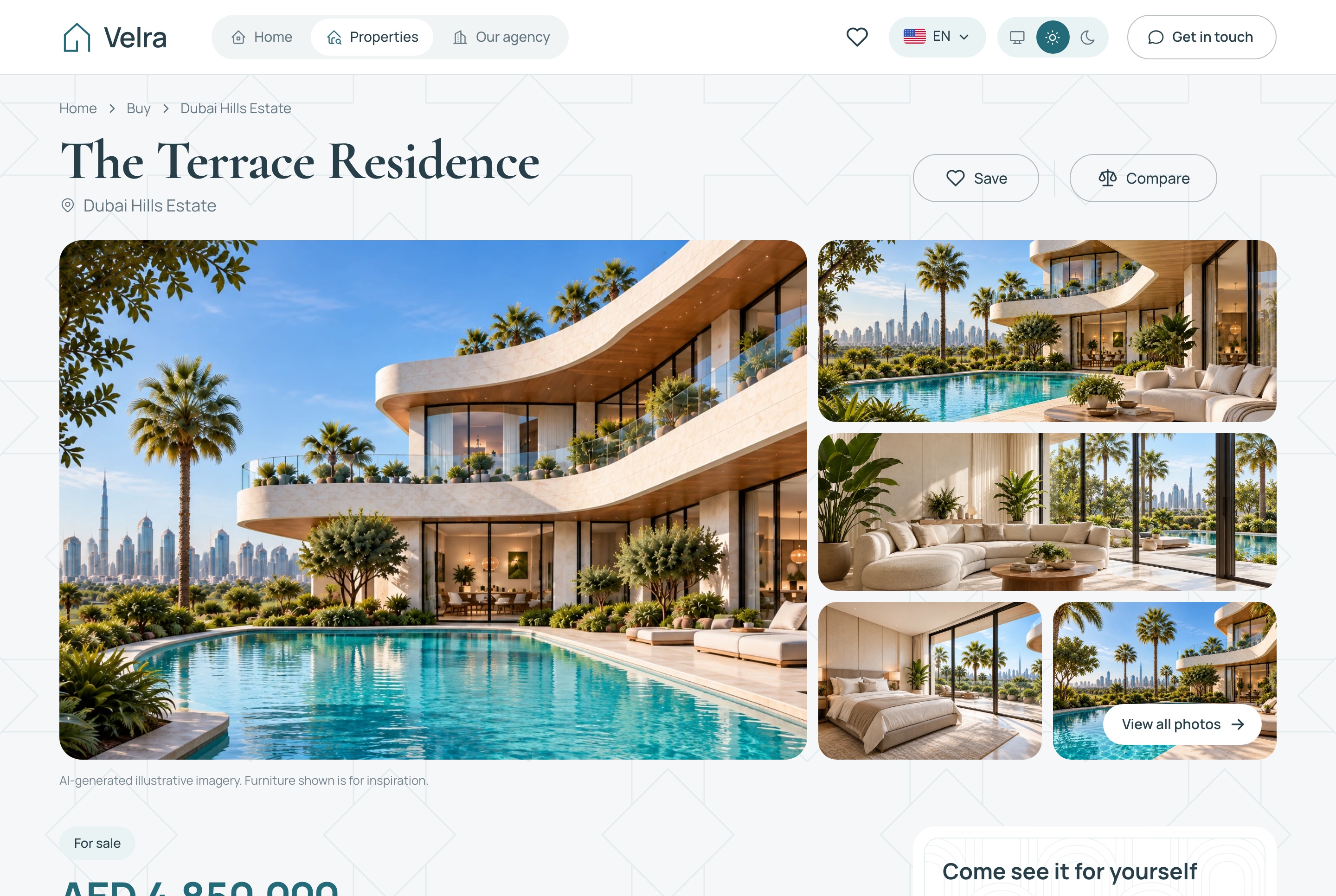 Velra property page with gallery, facts, price and viewing card, light theme