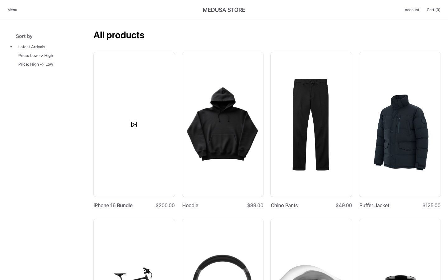 Starter de storefront de Medusa para Next.js: página de inicio de la tienda con productos destacados