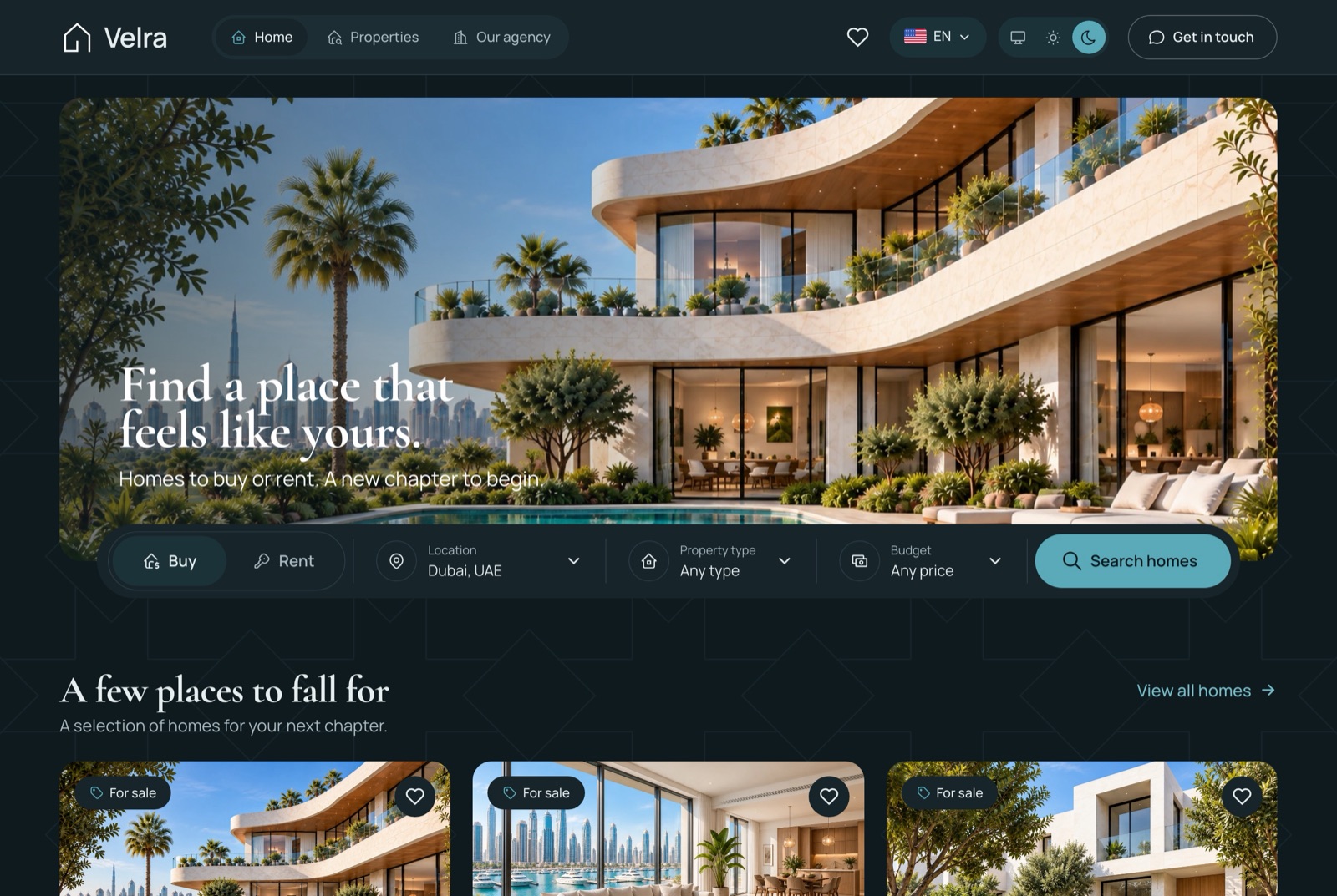 Plantilla inmobiliaria Next.js Aniq UI Velra: página de inicio oscura con buscador en el hero y zonas populares