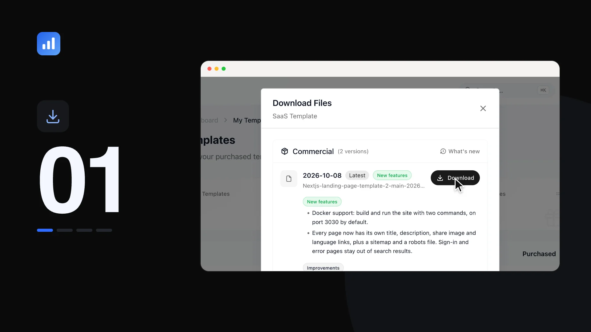 Imagen del vídeo de la documentación que muestra la descarga del ZIP de la plantilla SaaS desde My templates