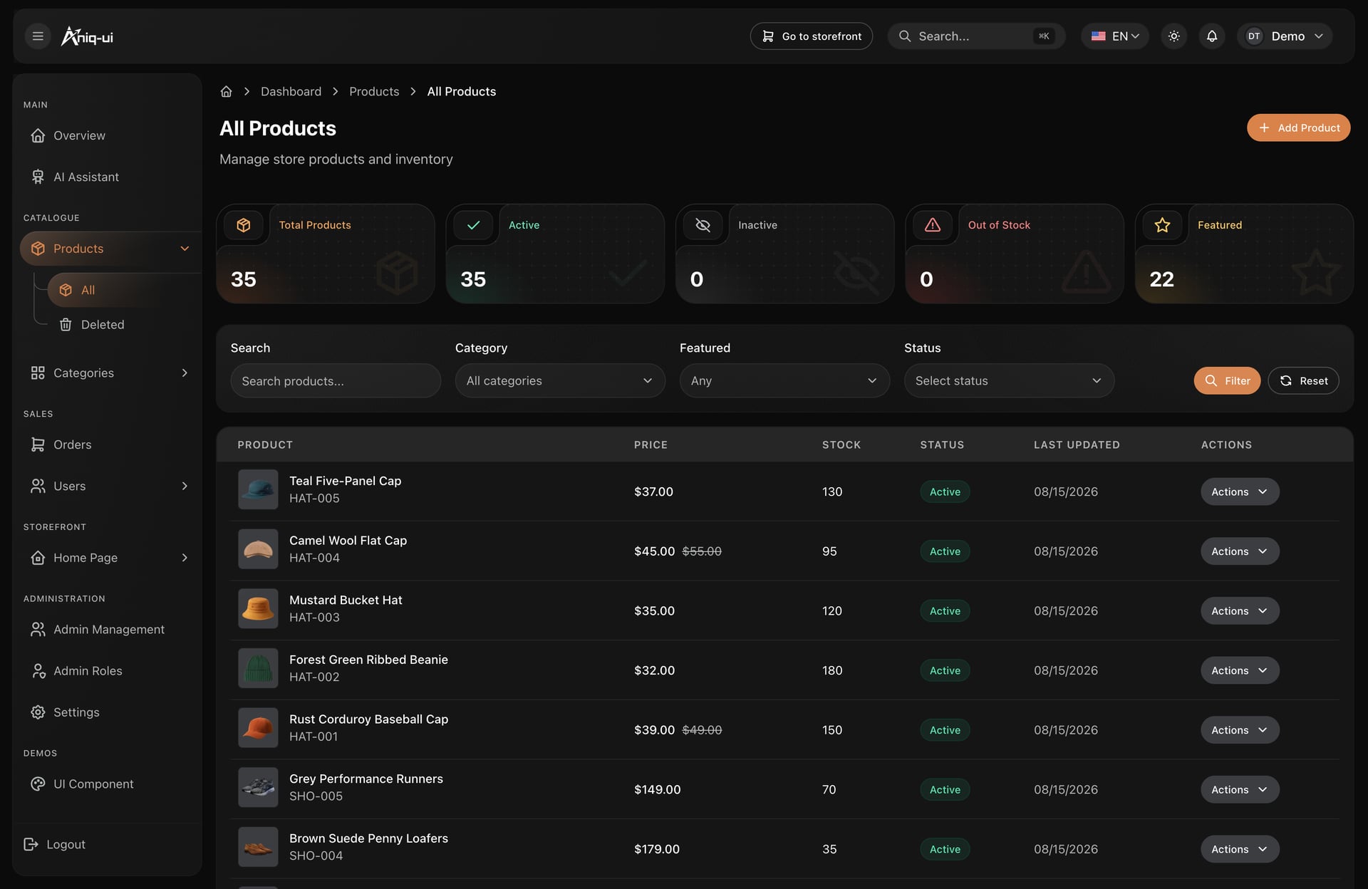 Products management in compact view, Next.js e-commerce admin dashboard