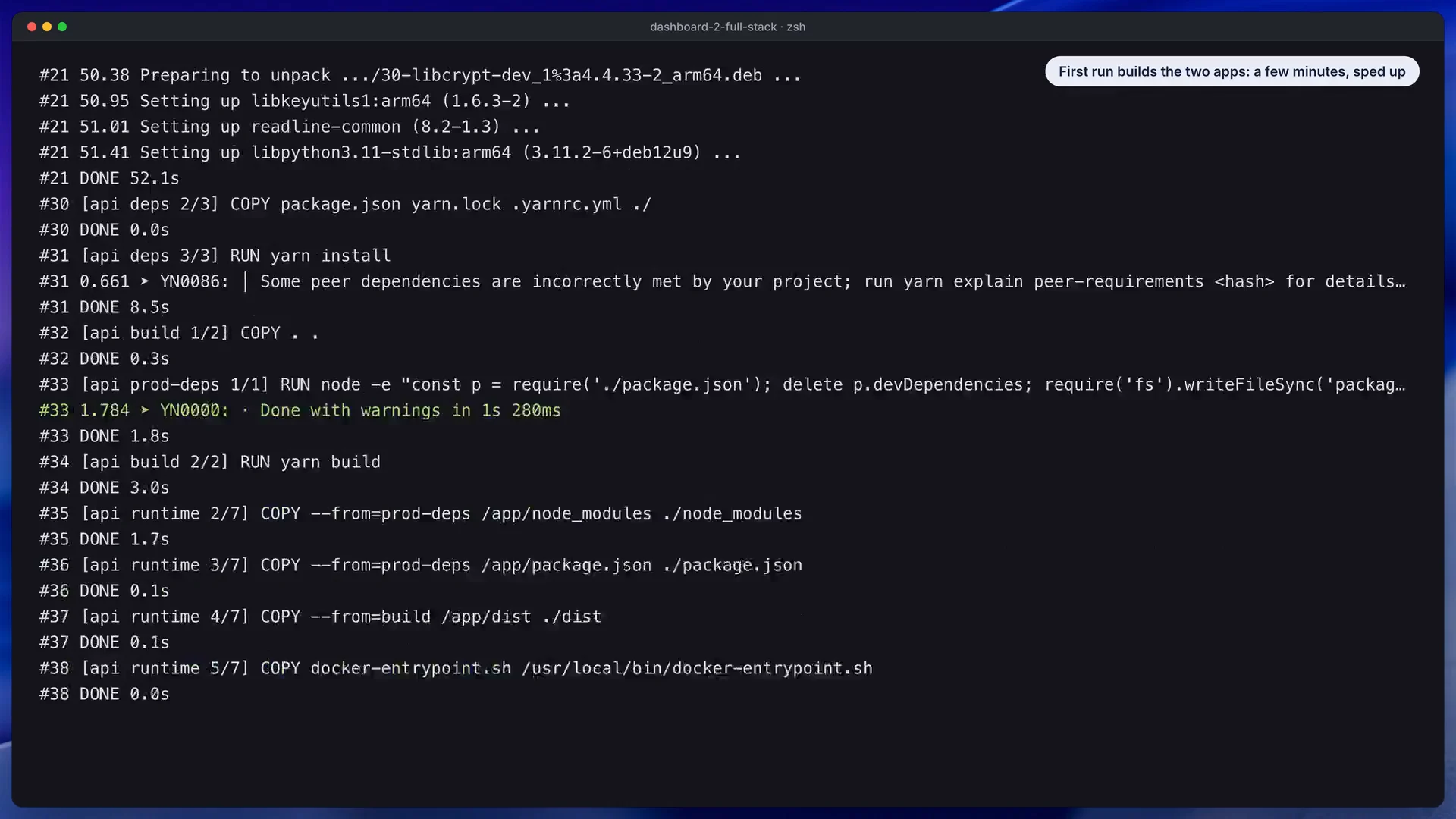Fotograma del vídeo de la documentación que muestra el arranque conjunto del dashboard y la API con Docker Compose