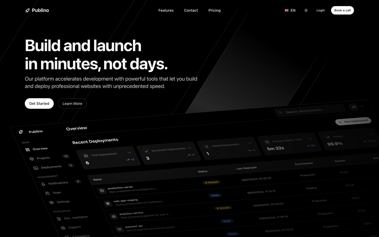 Landing page Next.js Aniq UI Publino en modo oscuro con el hero y la vista previa de un dashboard de despliegues