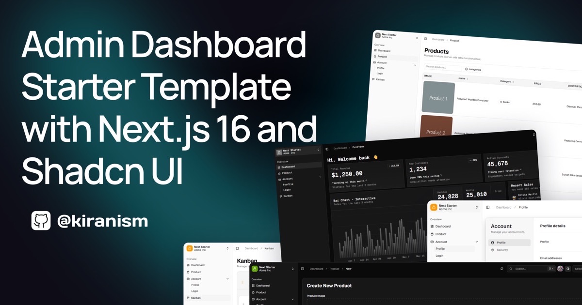 Next.js Shadcn Dashboard Starter: vista previa del dashboard de administración con barra lateral, gráficos y tabla de datos