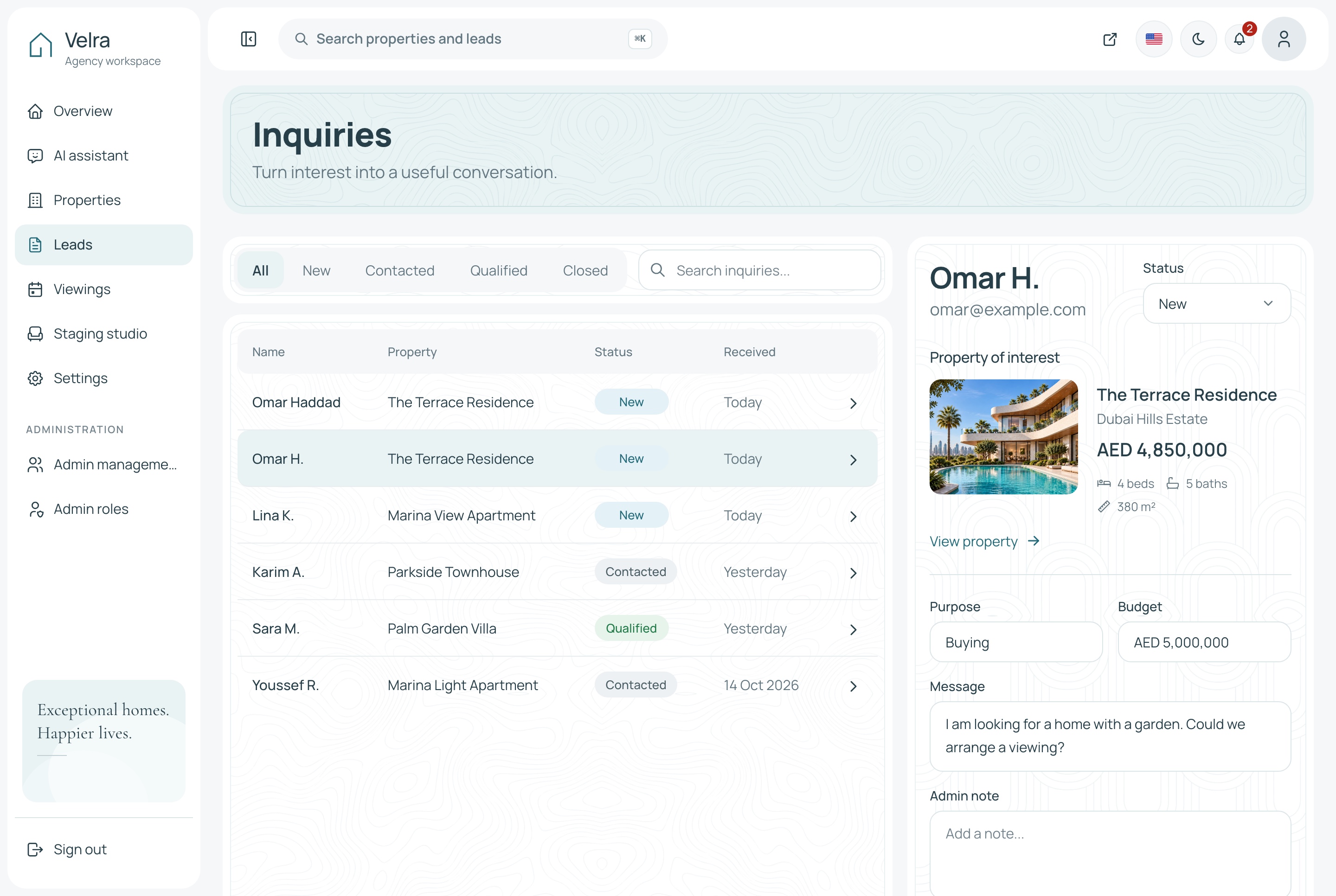 Velra agency dashboard leads list with the detail panel for one inquiry