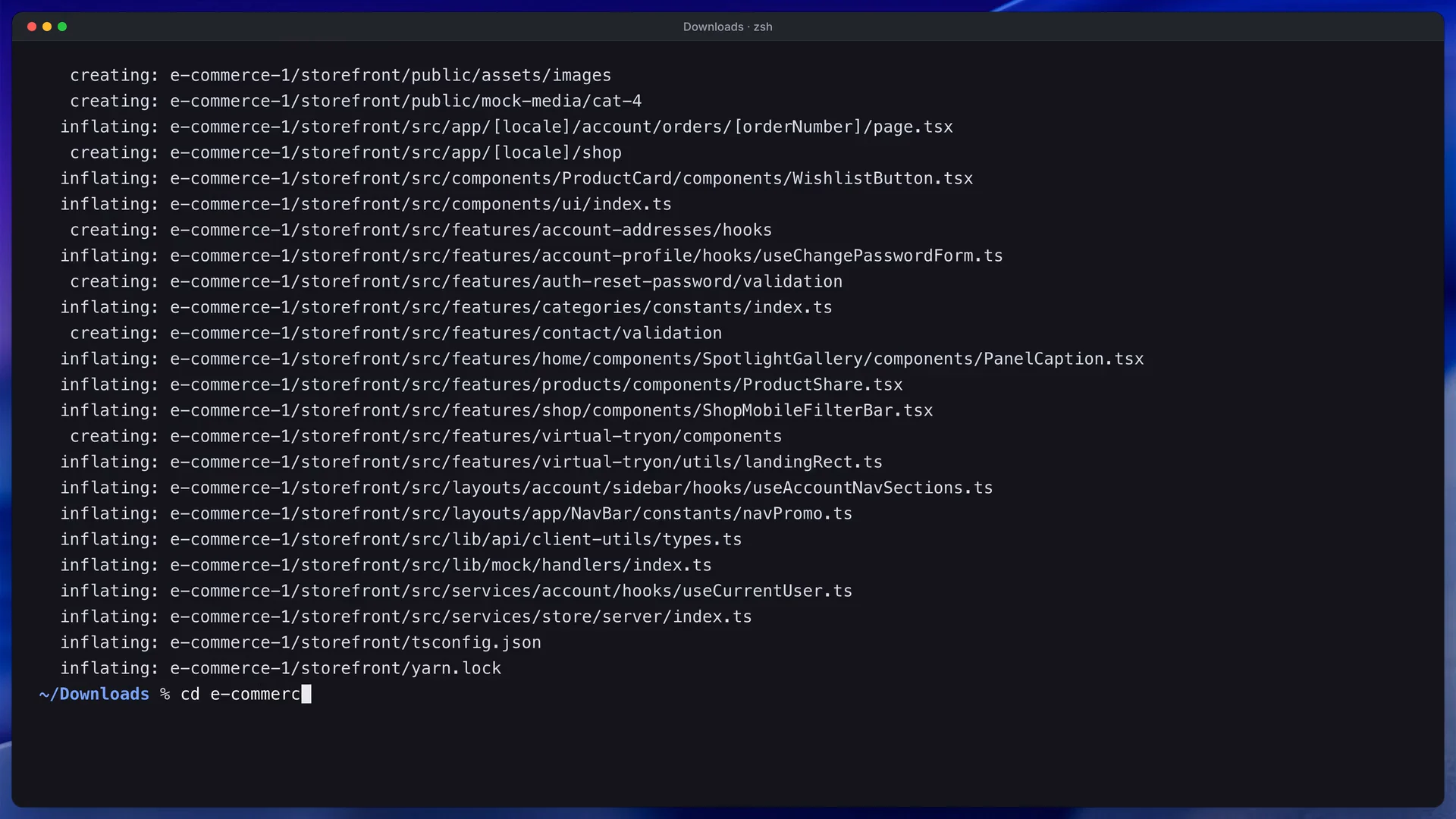 Documentation video still of the Next.js e-commerce template: unzipping the download and opening the folder