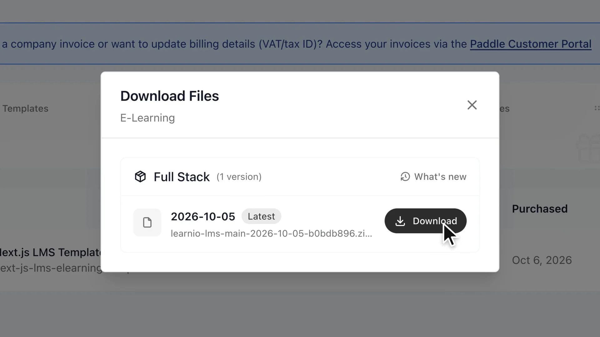لقطة من فيديو توثيق قالب Learnio LMS: تنزيل ملف ZIP الخاص بباقتك