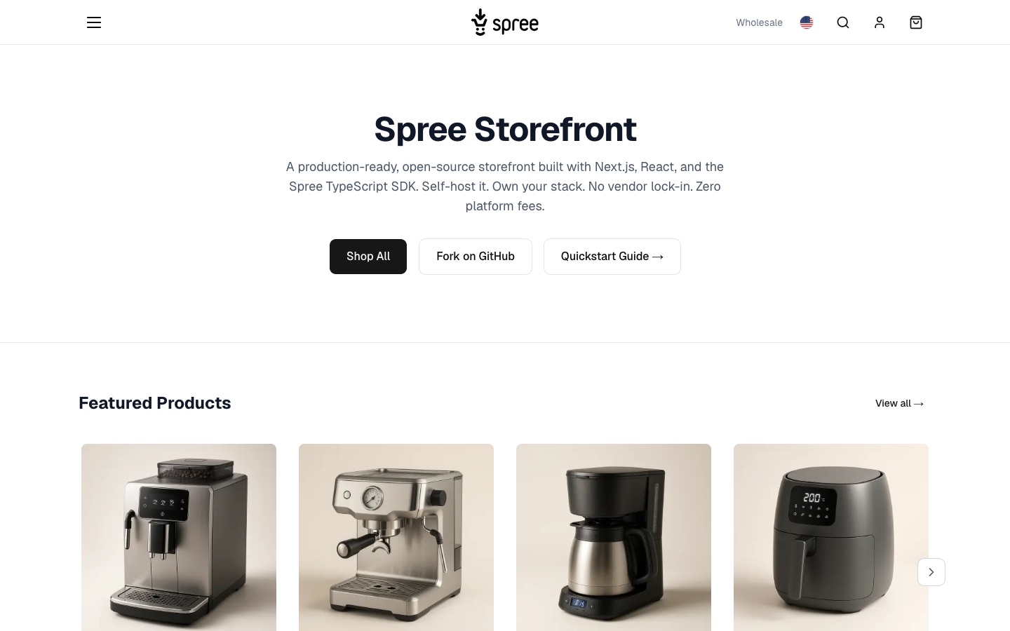 Storefront Next.js de Spree Commerce: página de inicio de la tienda de demo
