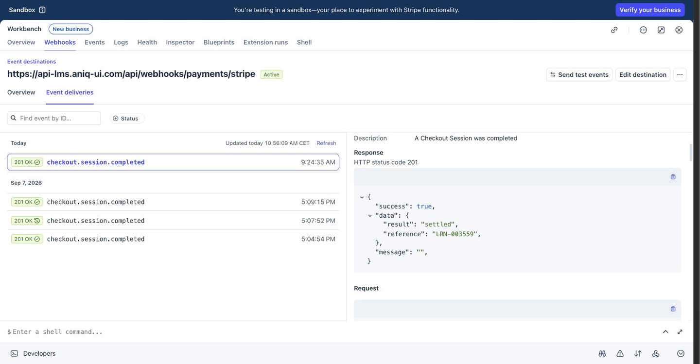 وصول webhook من Stripe Checkout وتعليم طلب في Learnio بأنه مسوّى، في وضع الاختبار