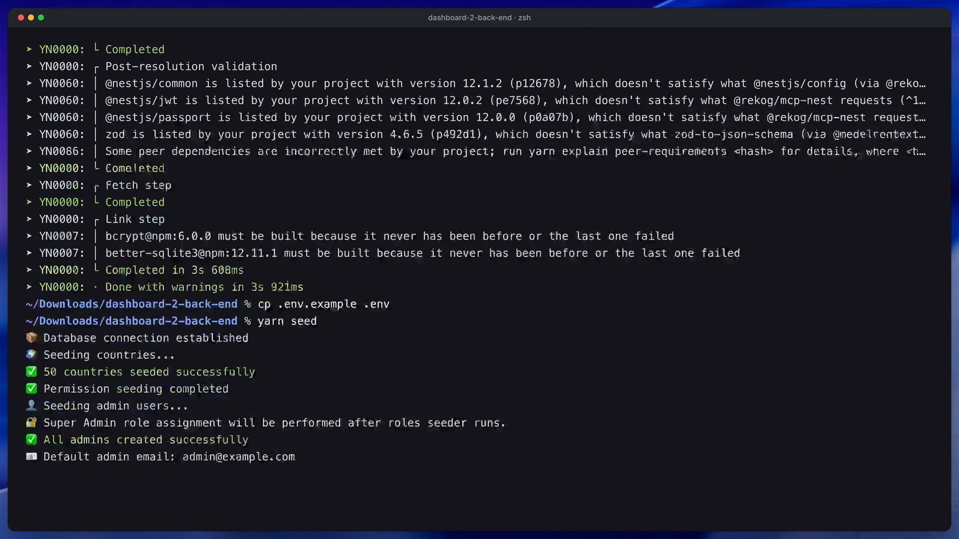 Fotograma del vídeo de la documentación que muestra el arranque del paquete Backend API sin Docker