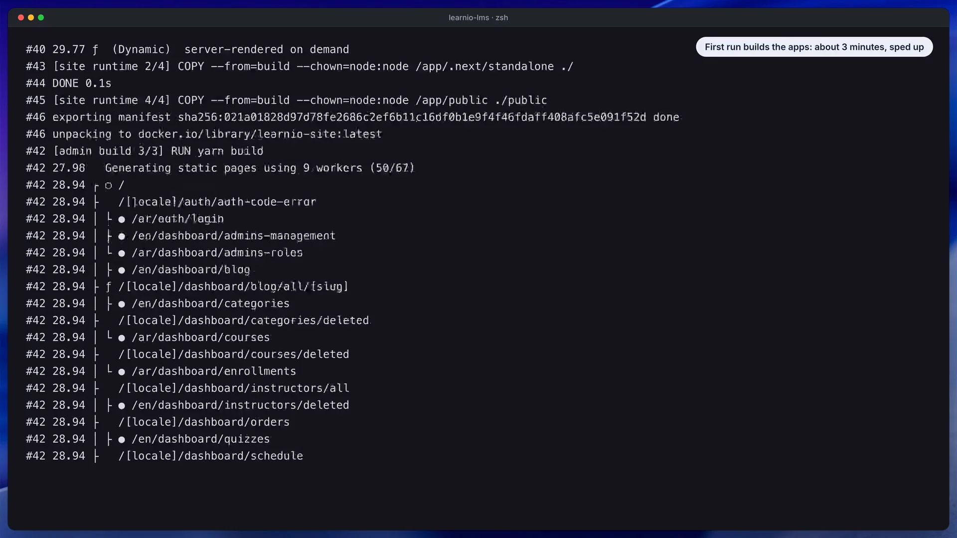 لقطة من فيديو توثيق قالب Learnio LMS: تشغيل التطبيقات الثلاثة باستخدام Docker