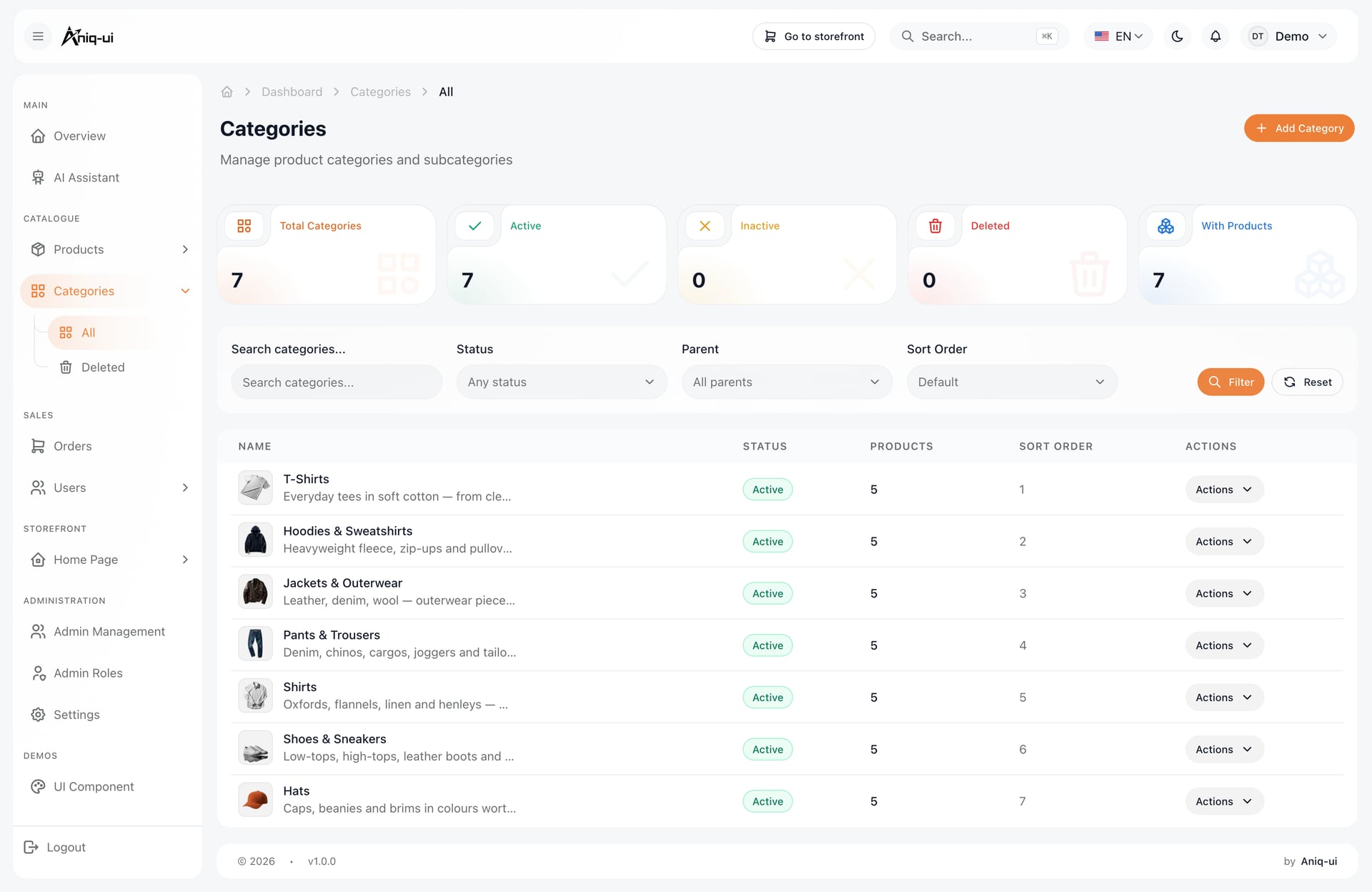 Categories screen in the Next.js e-commerce admin dashboard, light theme