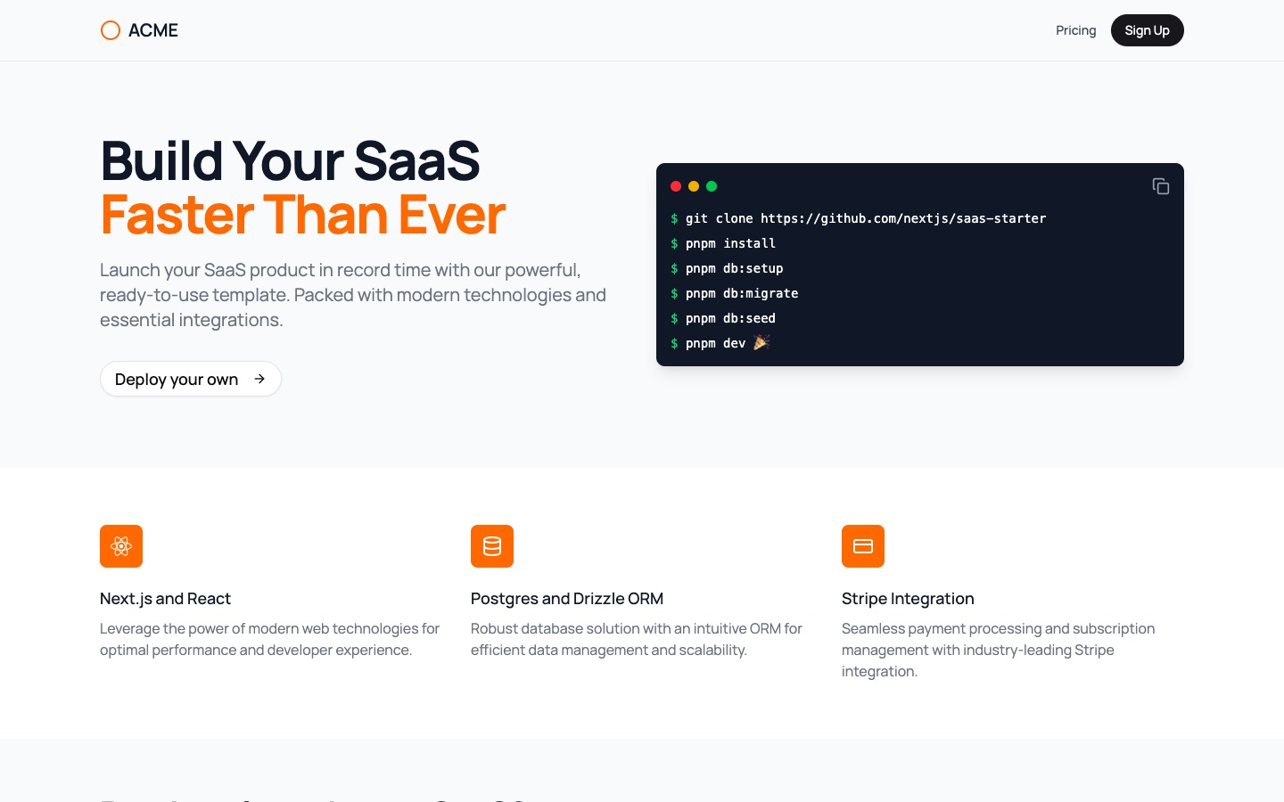 Next.js SaaS Starter demo: marketing page with the animated terminal and a link to pricing
