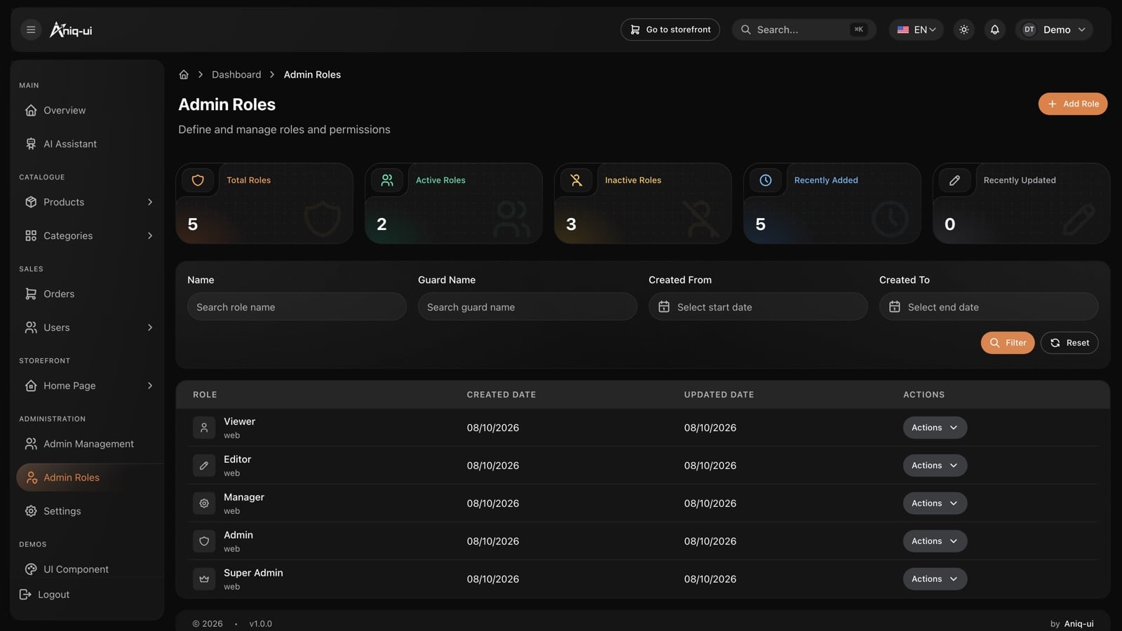 Roles and permissions screen in the Next.js e-commerce admin dashboard