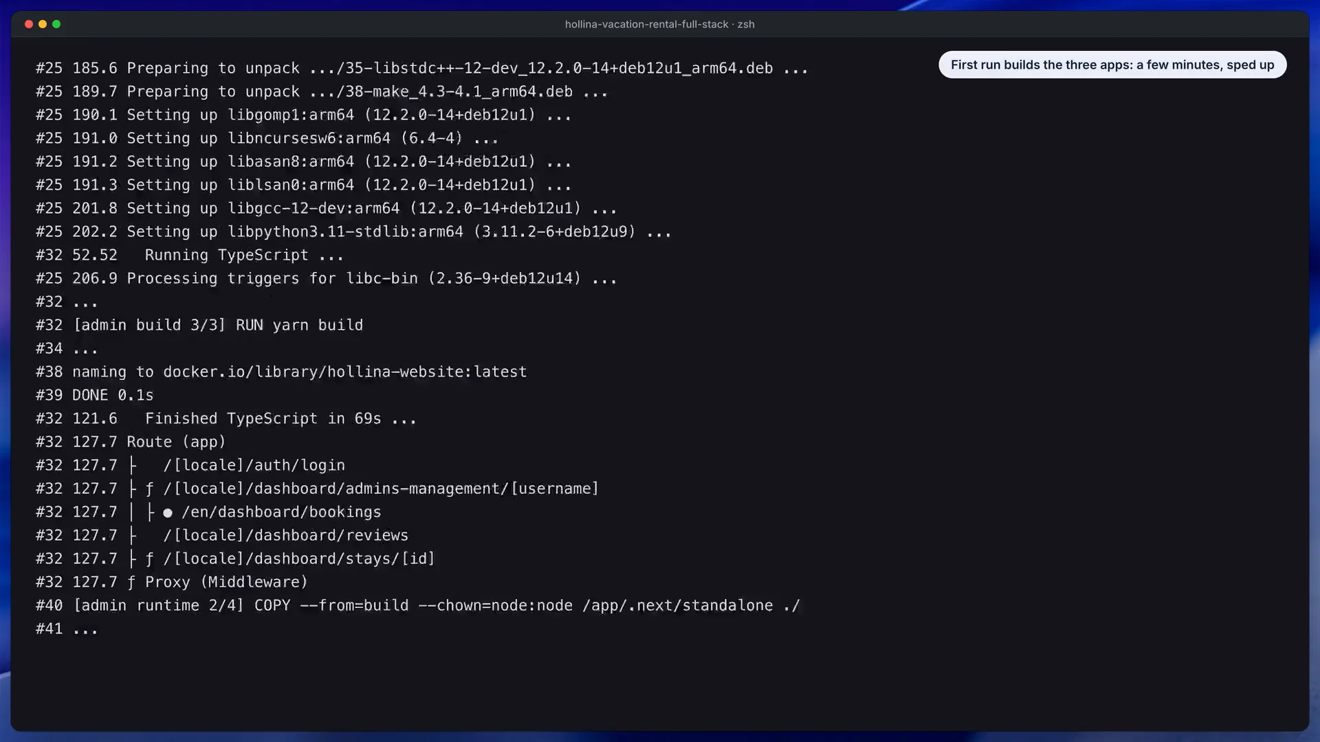 Captura del vídeo de instalación de Hollina: arranque de la API, la web de alojamientos y el panel de reservas con Docker