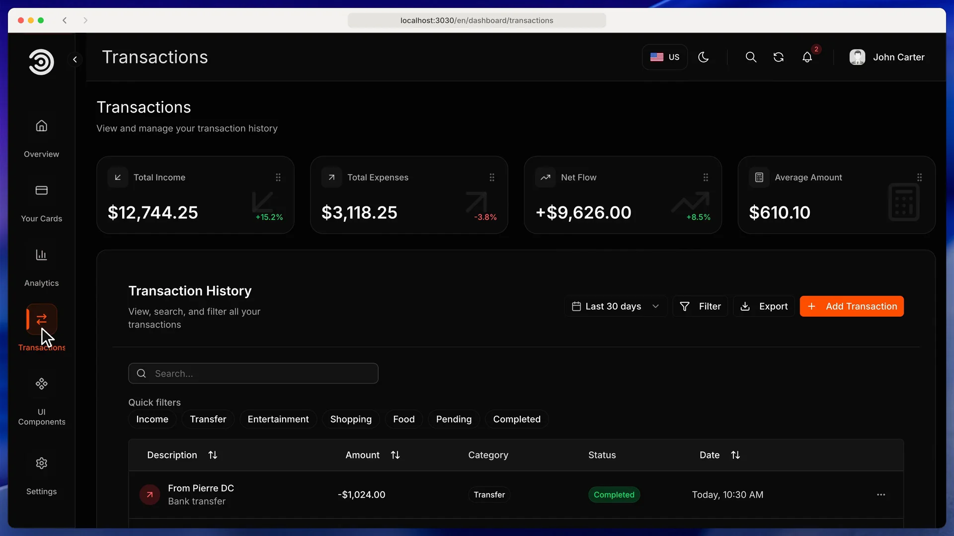 لقطة من فيديو التوثيق للتنقل بين صفحات قالب Financial Dashboard