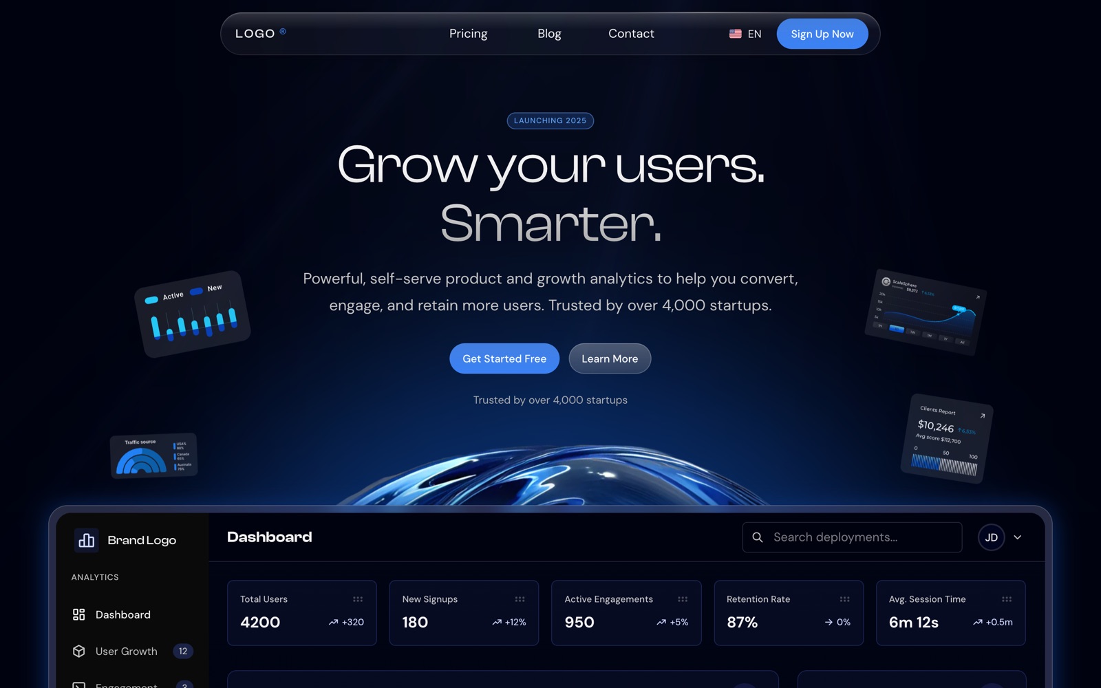 Aniq UI Next.js SaaS Template: dark landing page with the hero and an analytics dashboard preview