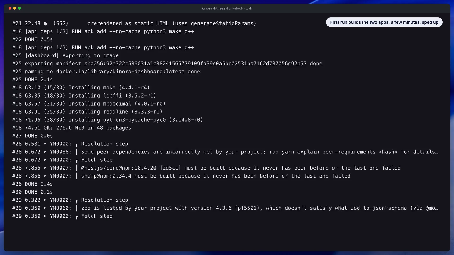 Captura del vídeo de documentación de la plantilla de fitness Kinora: arrancar la API y el dashboard juntos con Docker