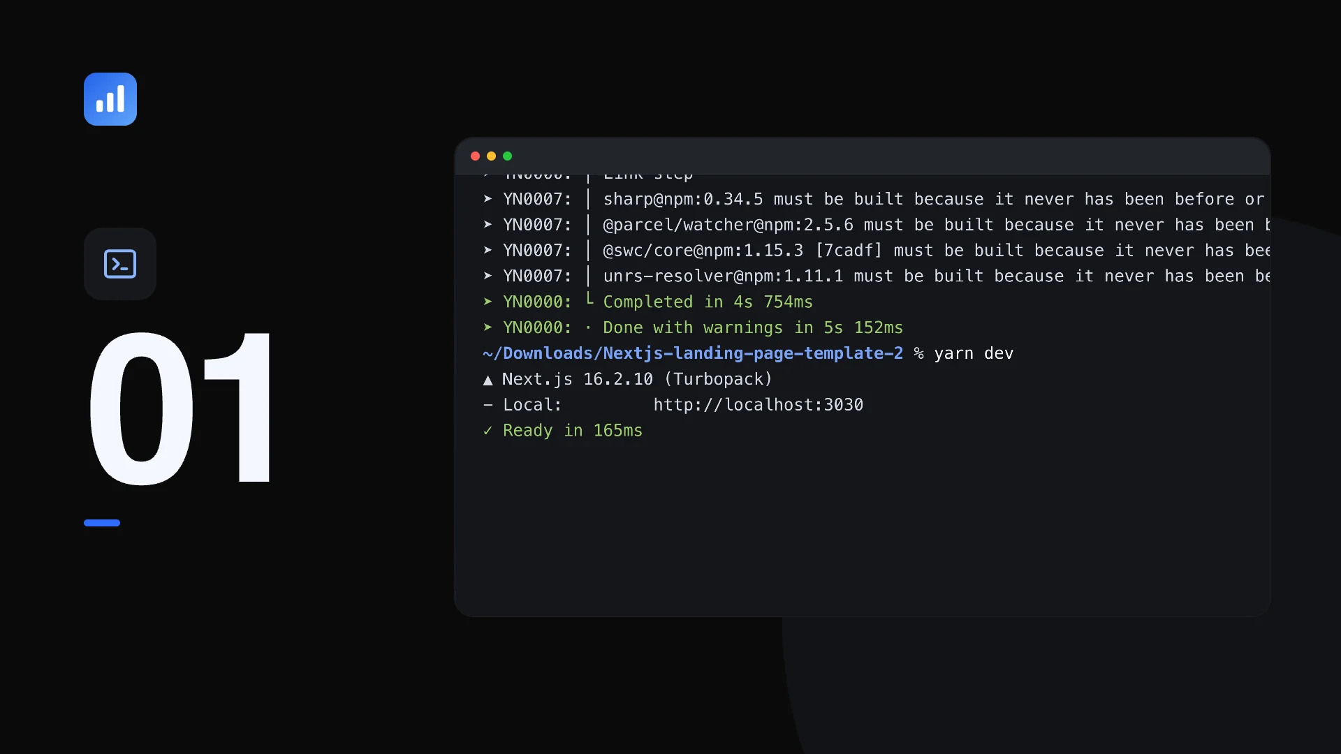 Imagen del vídeo de la documentación que muestra la instalación y el arranque de la plantilla SaaS sin Docker con Yarn