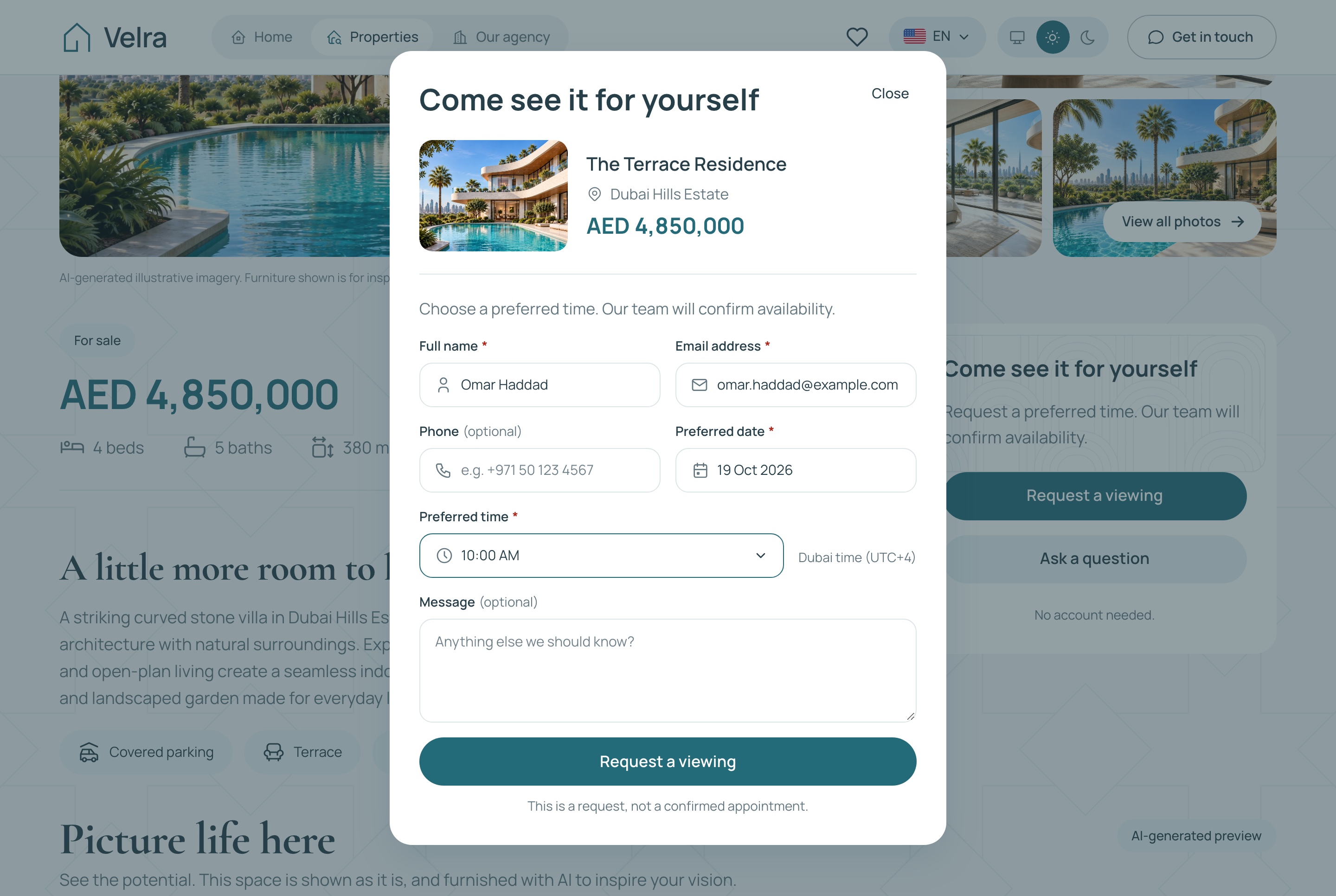 Velra viewing request dialog with name, email, date and time, light theme