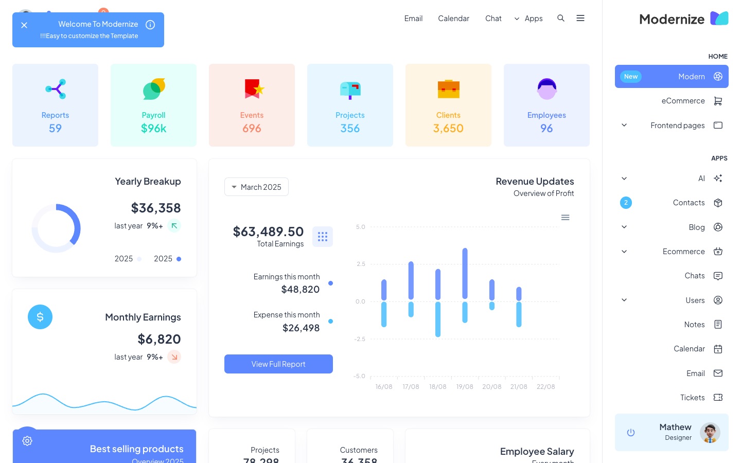 Démo RTL du dashboard d’administration Modernize sous Next.js : dashboard avec la mise en page inversée de droite à gauche