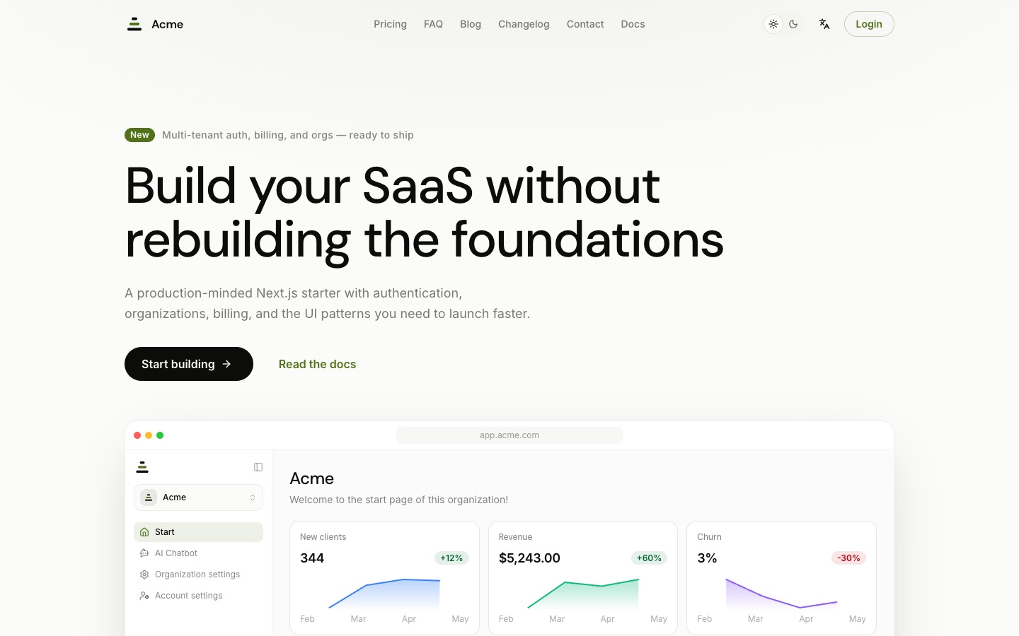 supastarter demo: sample product landing page with a dashboard preview