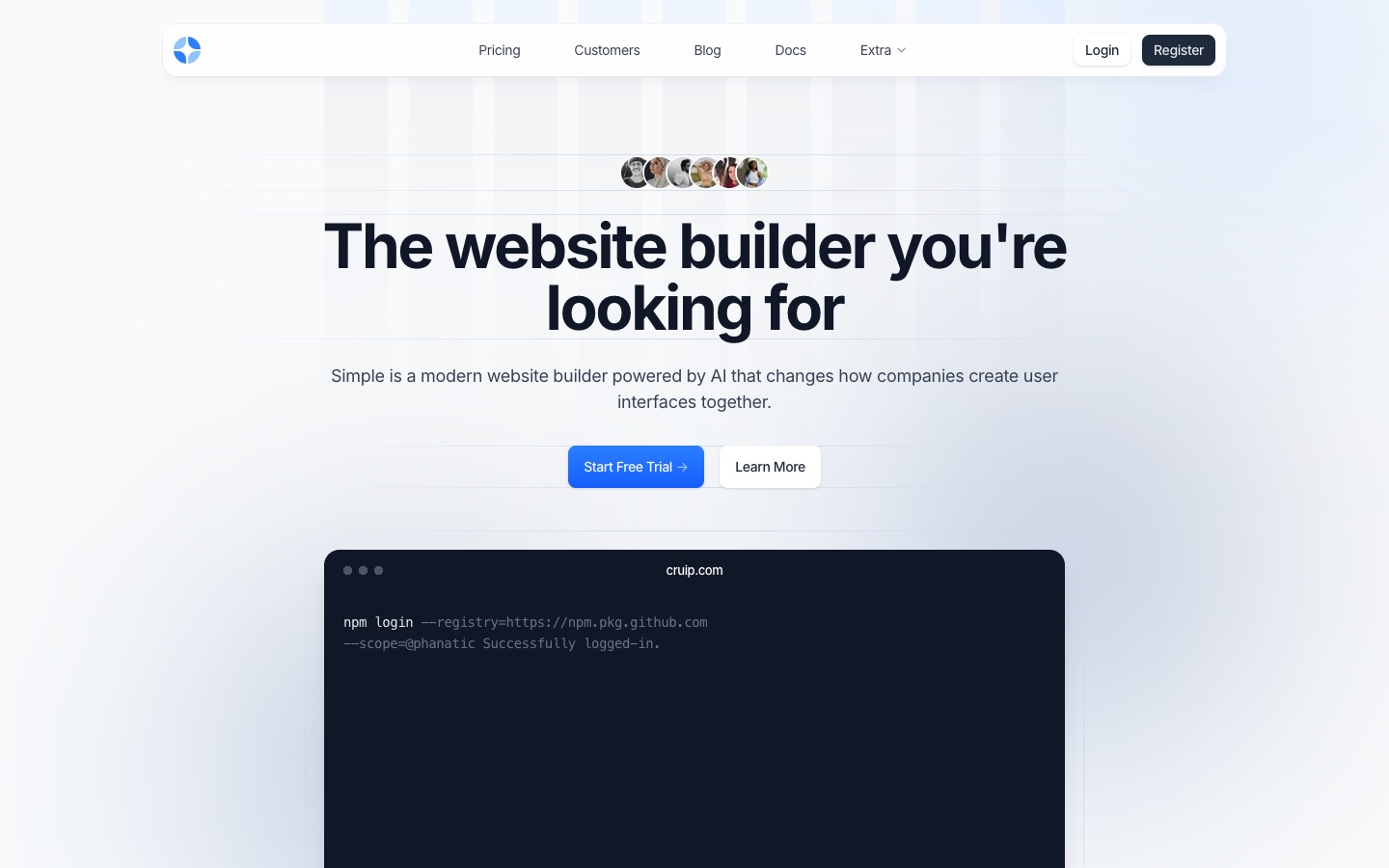 Plantilla Next.js Cruip Simple: hero claro de landing page con llamada a la acción