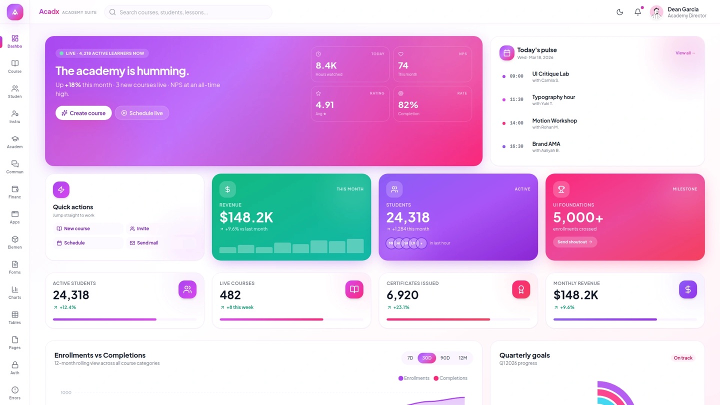 معاينة Acadx، قالب إدارة للتعليم وأنظمة LMS مبني بـ Next.js