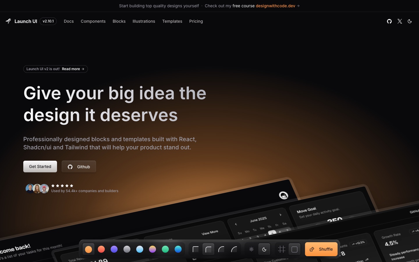 Secciones de landing page de Launch UI creadas con shadcn/ui: hero y barra de navegación
