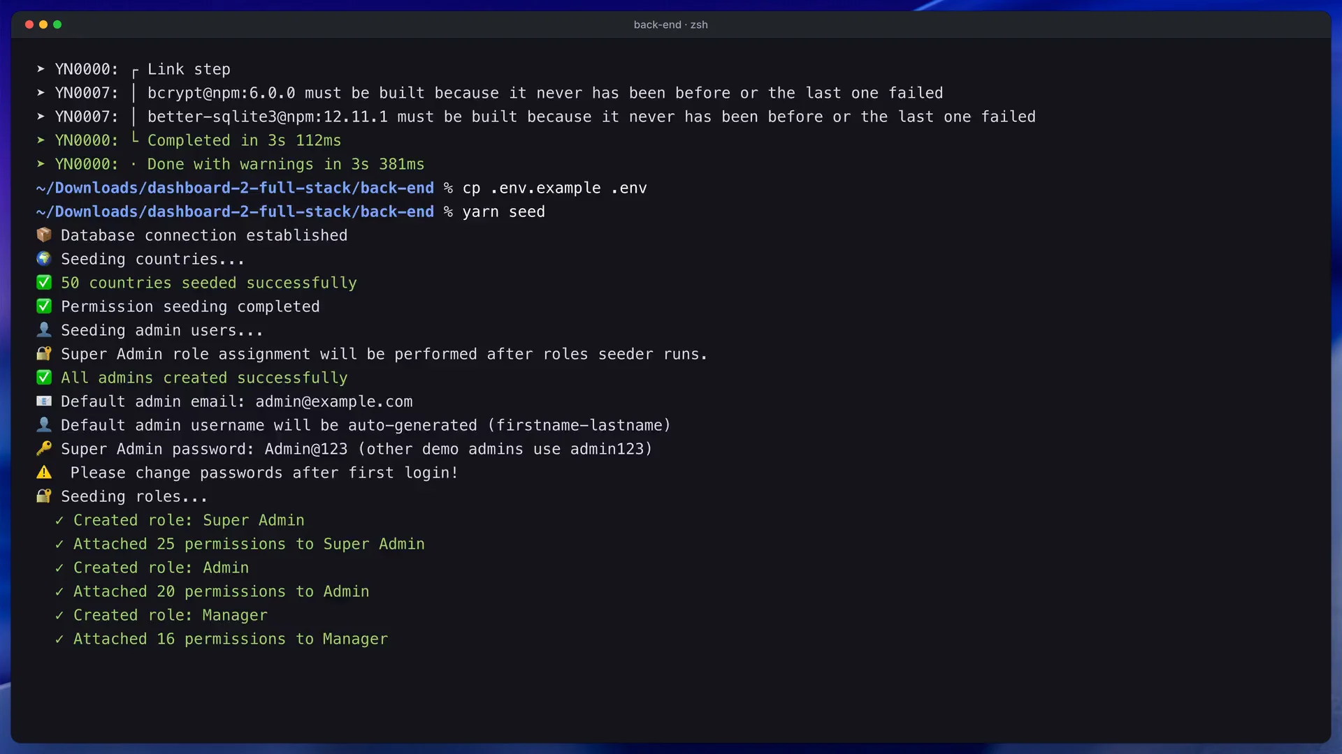 Fotograma del vídeo de la documentación que muestra el arranque de la API sin Docker con Yarn