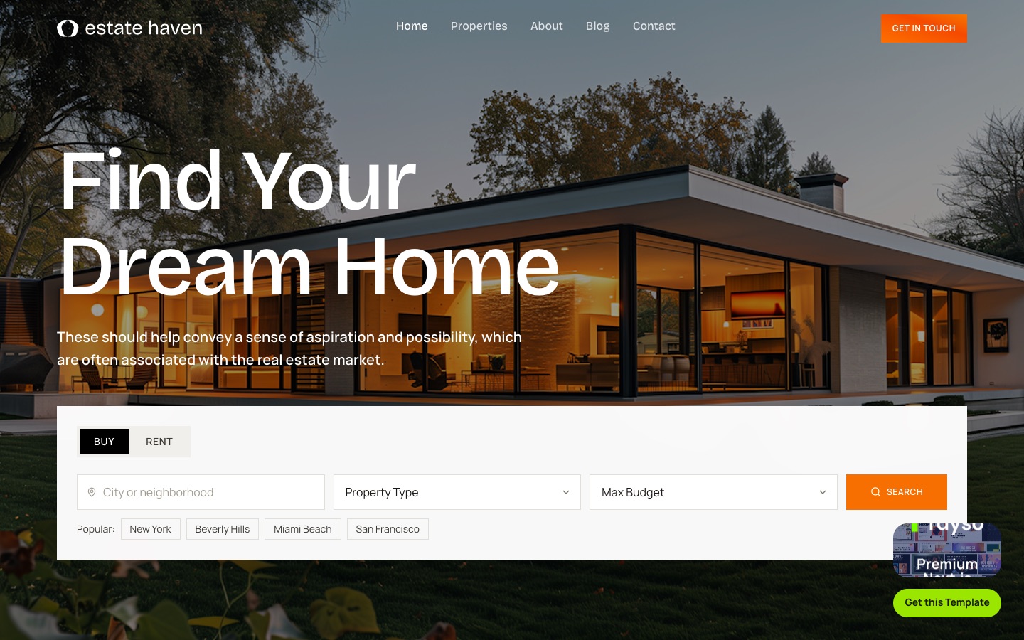 EstateHaven, plantilla de sitio web inmobiliario para Next.js y Sanity: página de inicio con anuncios de propiedades