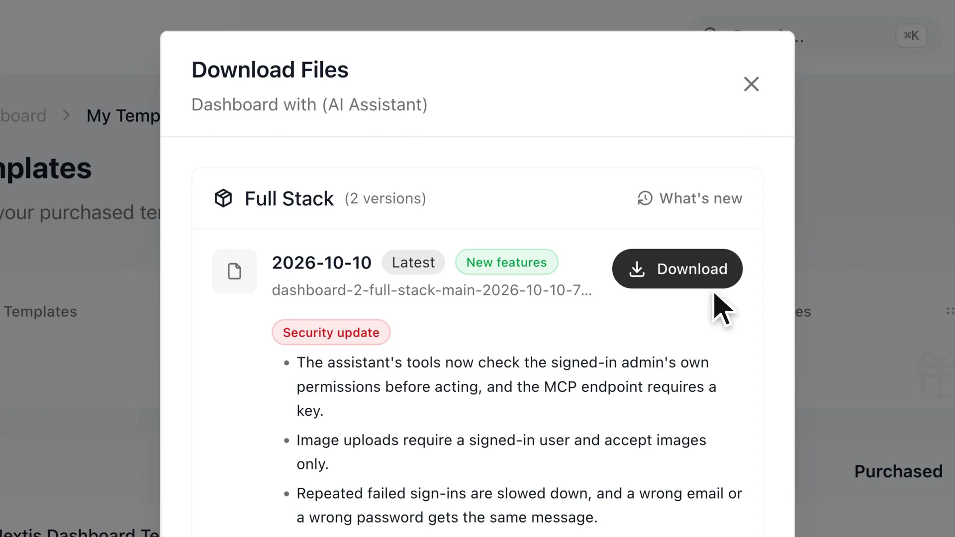 Fotograma del vídeo de la documentación que muestra la descarga del ZIP Full Stack de Admin Dashboard Template 2