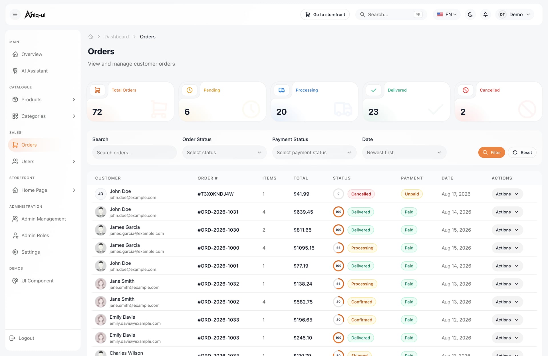 Orders list with fulfilment progress in the Next.js e-commerce admin dashboard