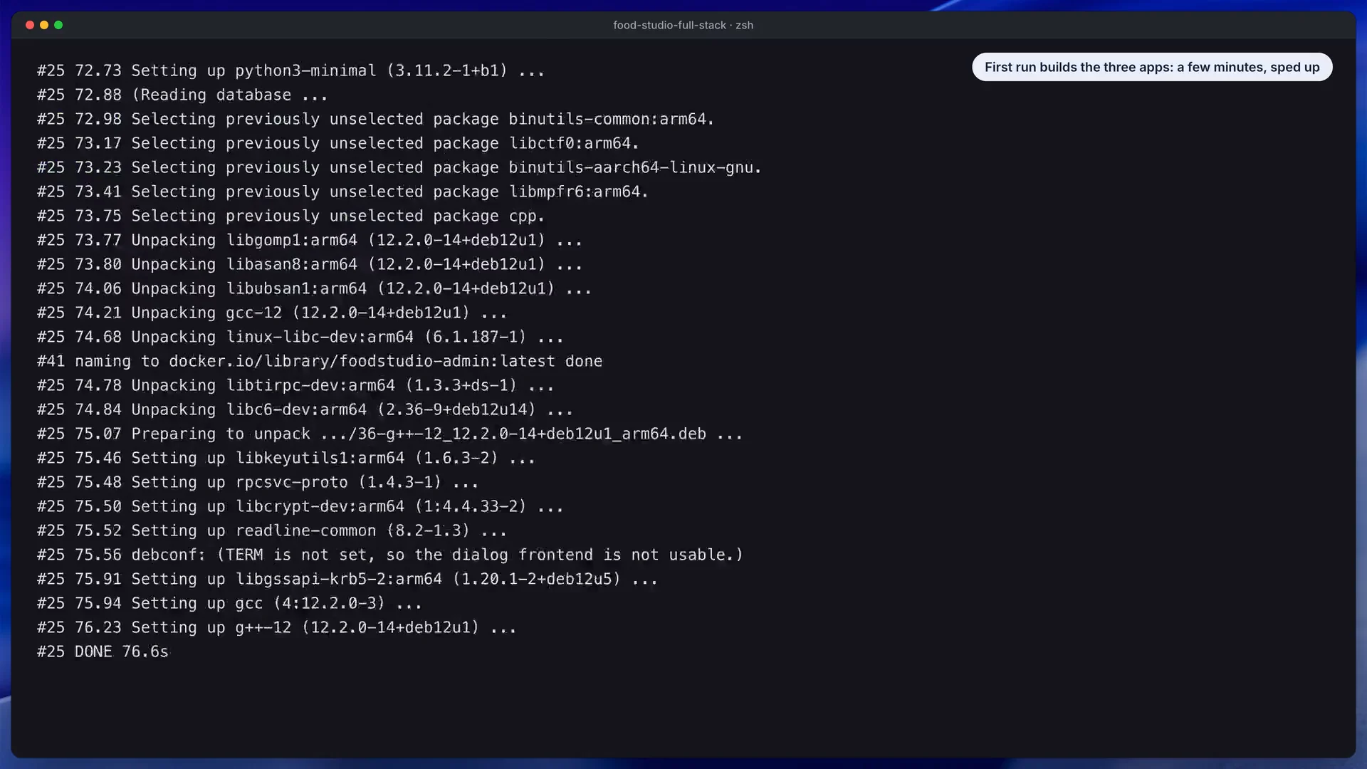 Capture de la vidéo d’installation de Food Studio : démarrage de l’API, du site de commande et du tableau de bord du personnel ensemble avec Docker
