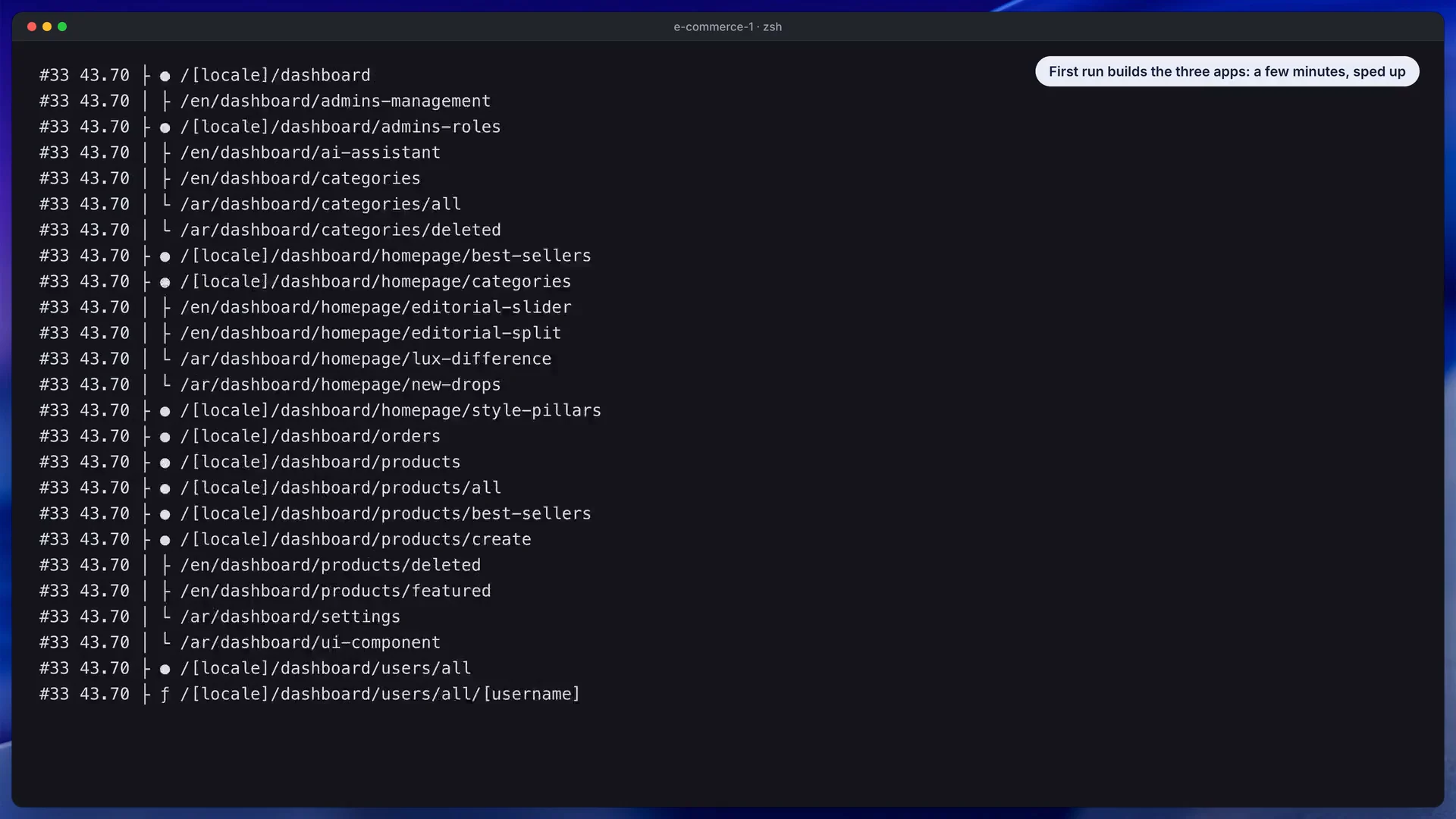 Documentation video still of the Next.js e-commerce template: starting the API, the storefront and the admin dashboard with Docker