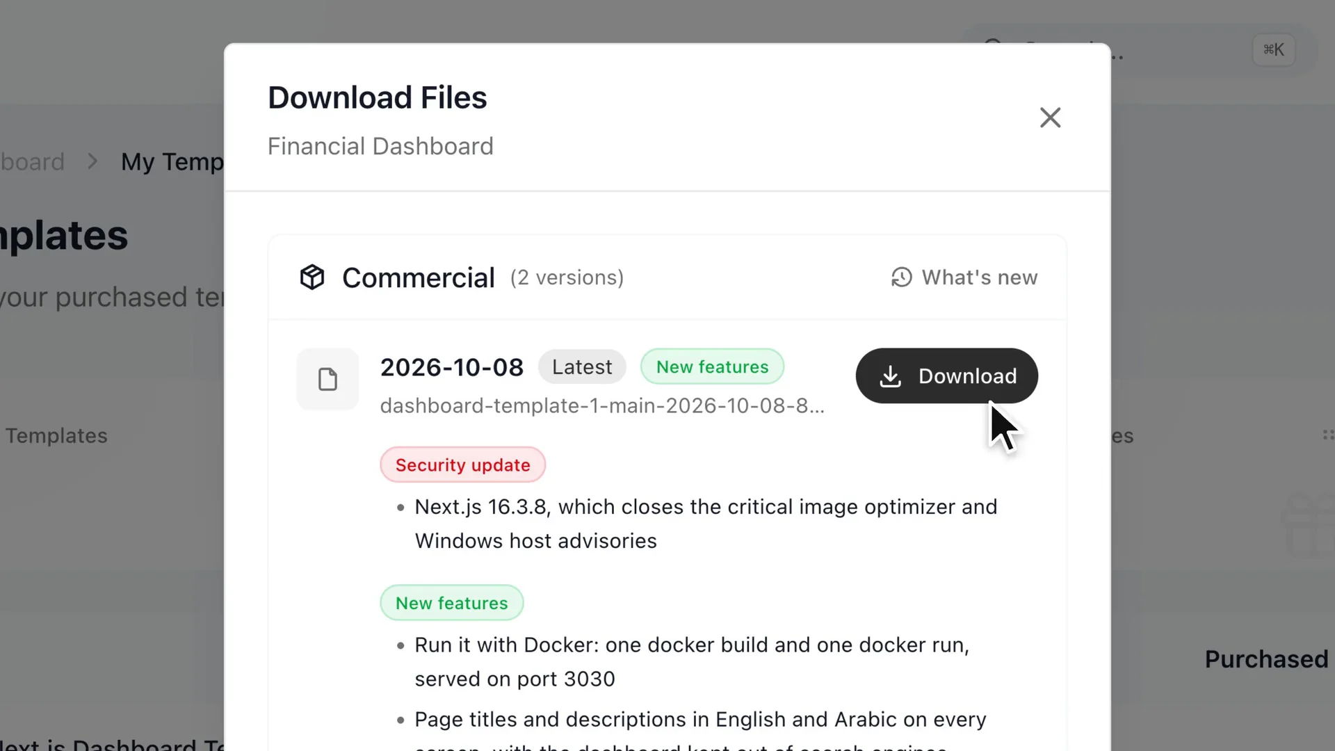 لقطة من فيديو التوثيق لتنزيل ملف ZIP الخاص بقالب Financial Dashboard من صفحة قوالبي