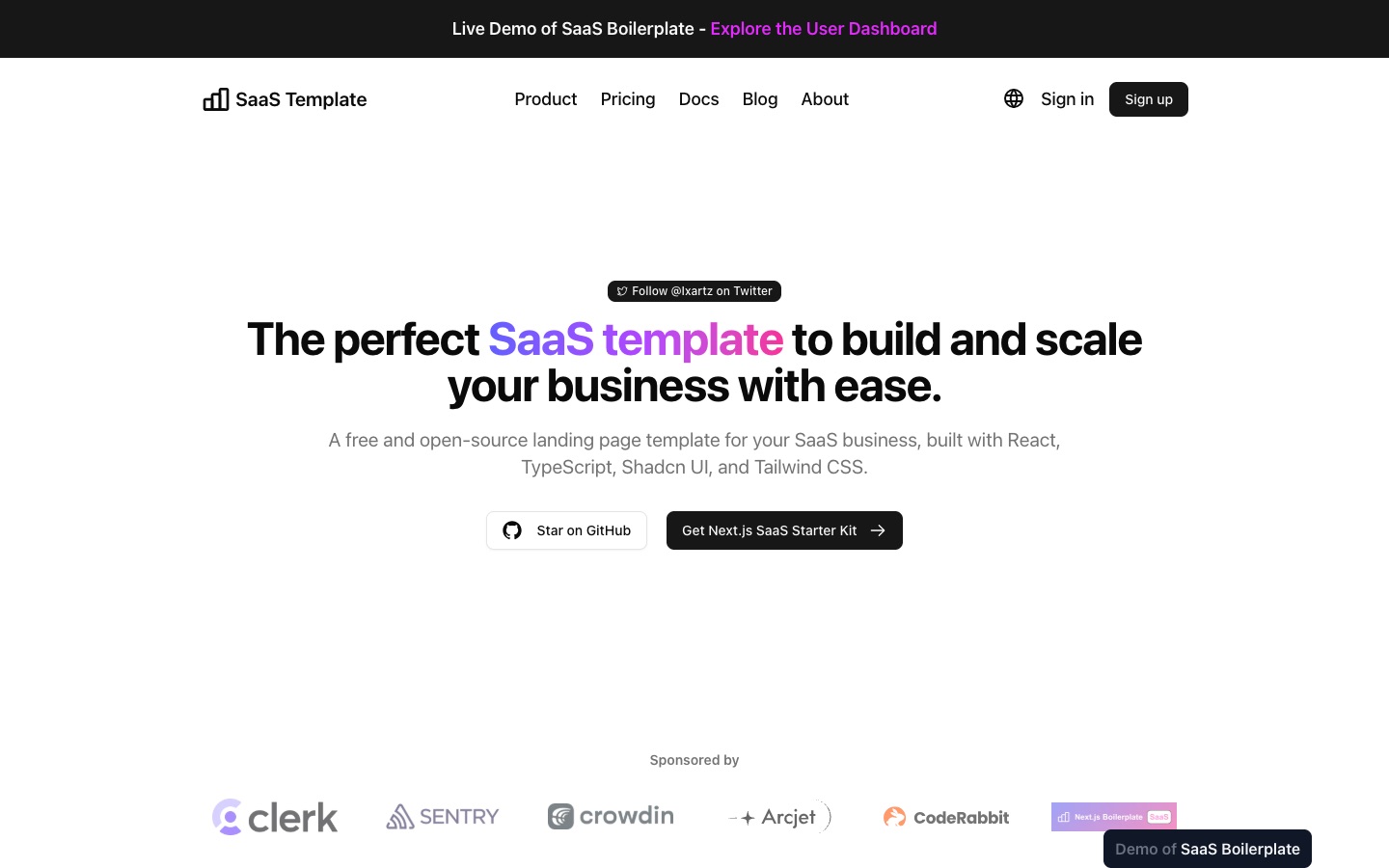 ixartz SaaS Boilerplate live demo: SaaS landing page built with Shadcn UI and Tailwind CSS