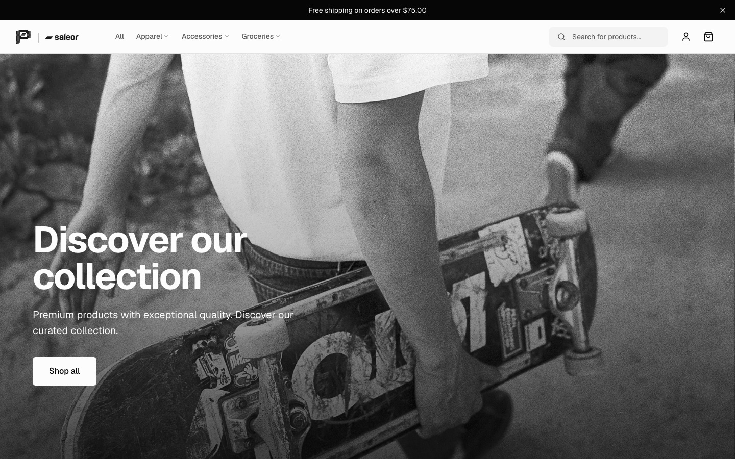 Storefront Next.js Saleor Paper: página de inicio de la tienda de demo con listados de productos
