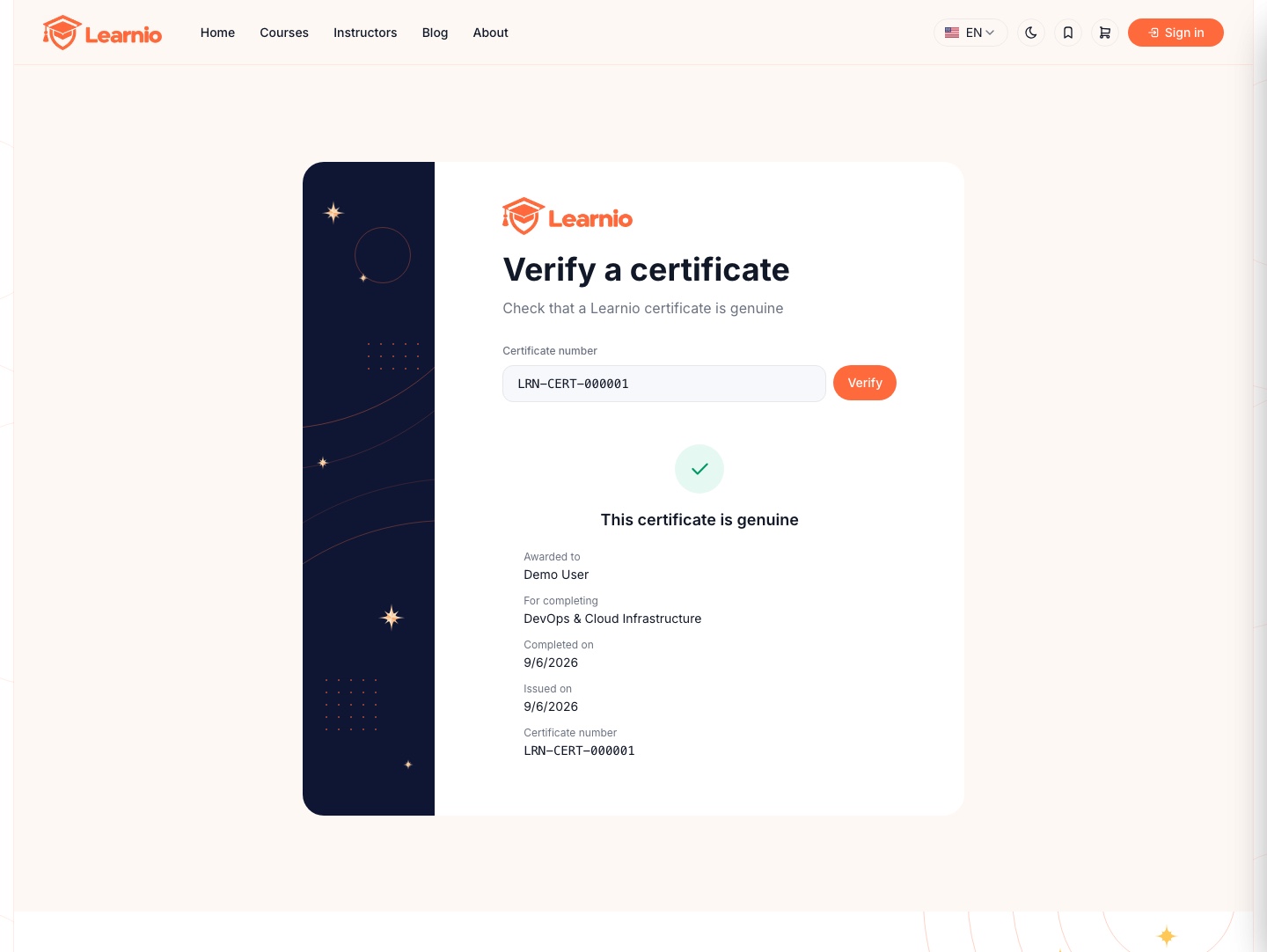 صفحة التحقق العامة من الشهادات في قالب Learnio LMS